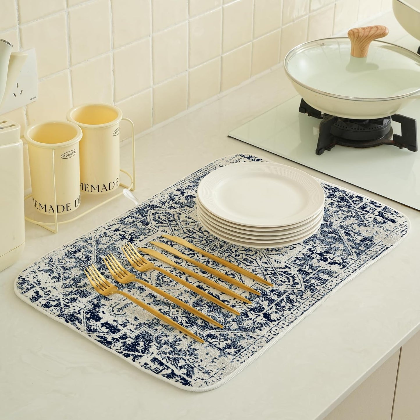 Blue Dish Drying Mat for Kitchen Counter, 18x24 Inch Blue White Boho Style Absorbent Dish Drying Pad Heat Resistant Mat Coffee Bar Mat Dish Drainer Rack Mat