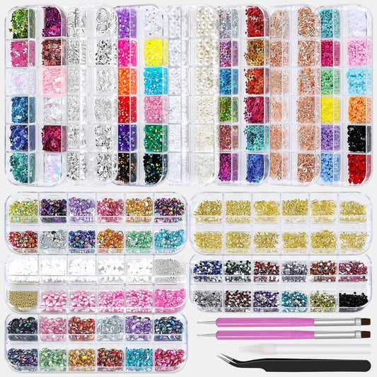 12 Boxes Nail Art Kit with Nail Charms, Gems, Rhinestones & Studs - Flatback Rhinestones, 3D Gold/Silver Charms, White Half Pearls, Pink Flower Charms, Star/Butterfly Sequins + 4 Tools for DIY Crafts