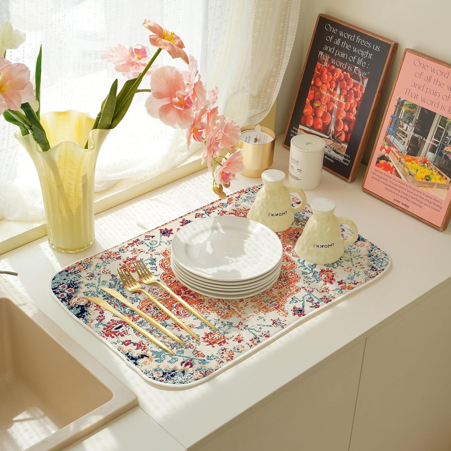 Orange Dish Drying Mat for Kitchen Counter, 18x24 Inch Burn Orange Boho Style Absorbent Dish Drying Pad Heat Resistant Mat Coffee Bar Mat Dish Drainer Rack Mat