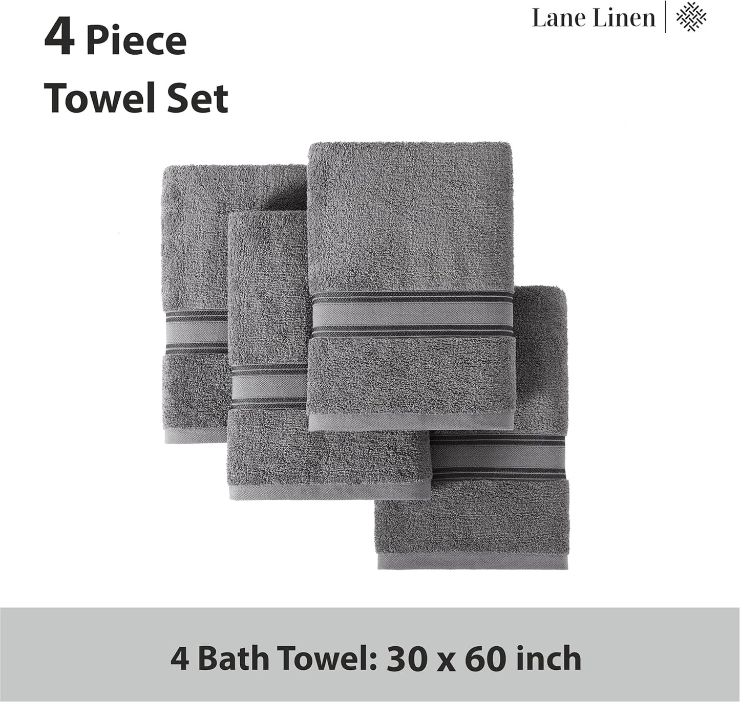 LANE LINEN 100% Cotton 4 Pack Bath Towels Set (30"x60") - Zero Twist, Large Cotton Towels for Bathroom - Quick Dry, Soft & Absorbent Bath Towel Set - Remains Soft After Multiple Washes - Cool Grey