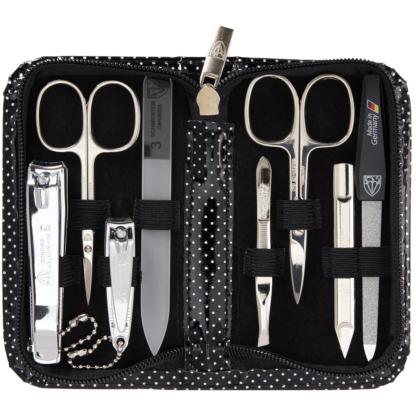 3 Swords Germany - brand quality 8 piece manicure pedicure grooming kit set synthetic leather case black silver spots - Made in Germany