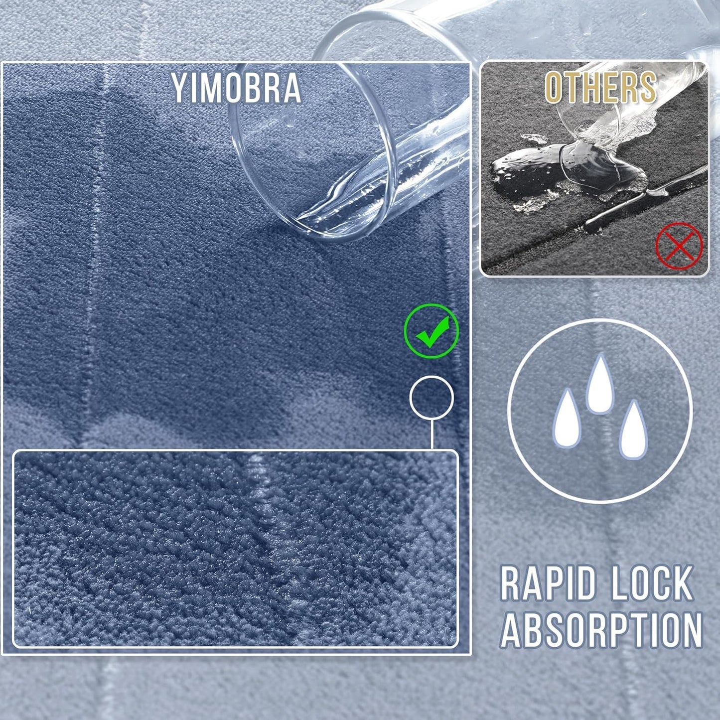 Yimobra Memory Foam Bath Mat, Super Soft Absorbent Bathroom Rug Non Slip 24x17 Inch, Quick Dry, Machine Washable Floor Carpet for Tub Shower, Home Decor Accessories, Denim Blue