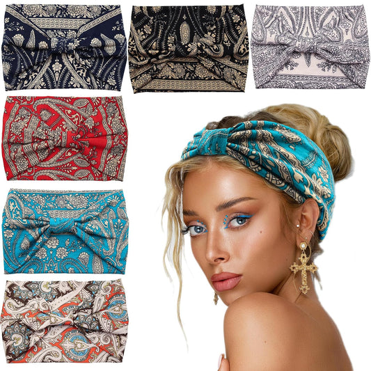 Yeshan Wide Headbands for Women Boho Knotted Head Wraps Turbans Non Slip Bandana Headbands Sport Yoga Workout Stretchy Hair bands,Pack of 6