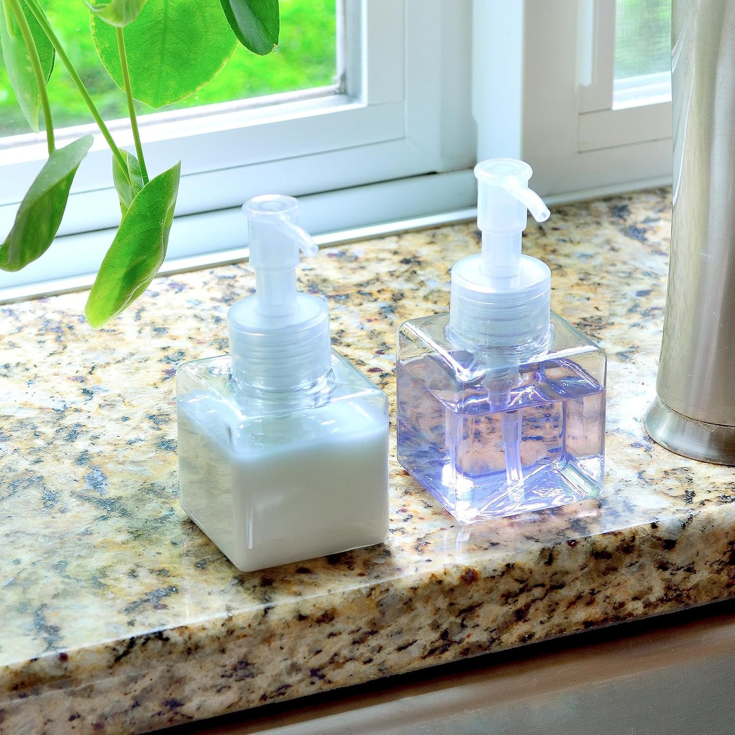 Youngever 5 Pack 4 Ounce Plastic Pump Bottles, Square Refillable Plastic Pump Bottles for Dispensing Lotions, Liquid Soap (Clear with Clear Pump)