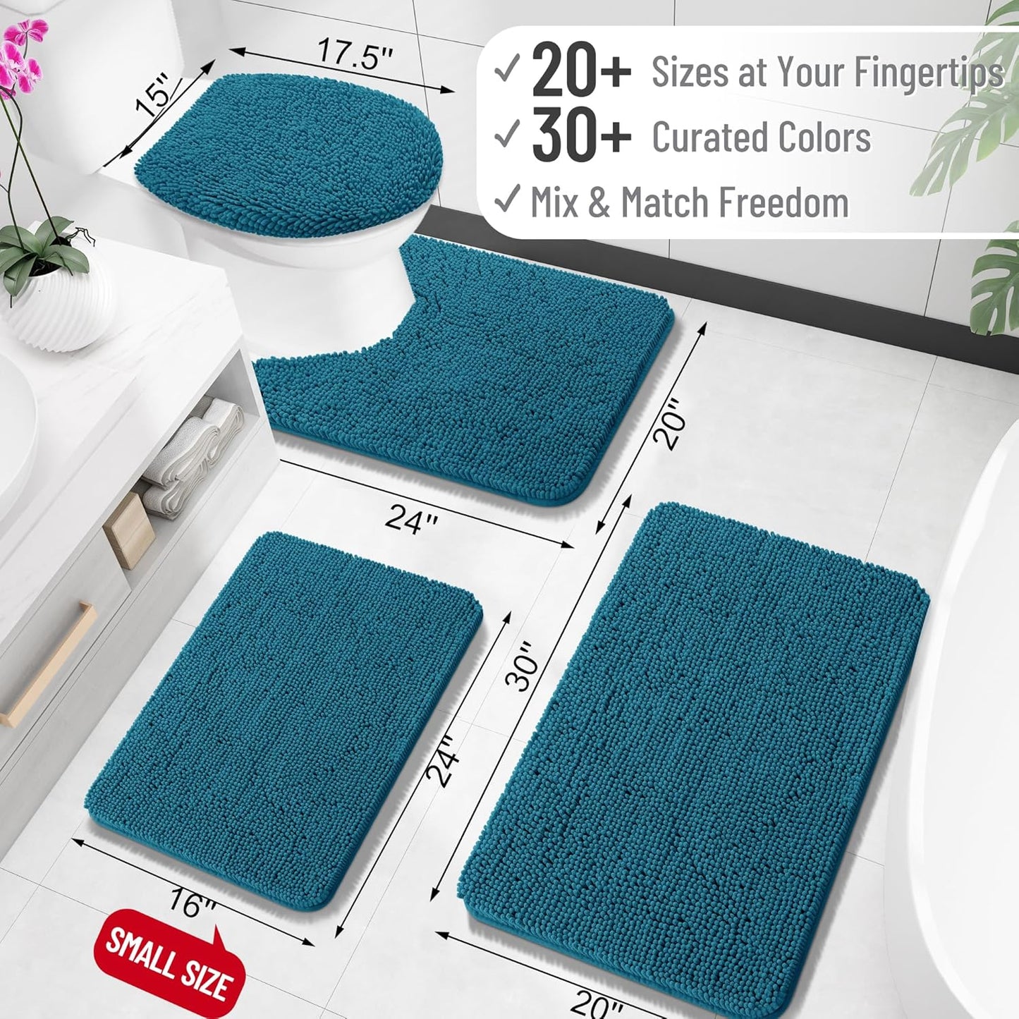 OLANLY Toilet Rugs U-Shaped 24x20, Extra Soft Absorbent Chenille Contour Bathroom Rugs for Toilet, Dry Quickly, Machine Washable, Non-Slip Bath Mat, Peacock Blue