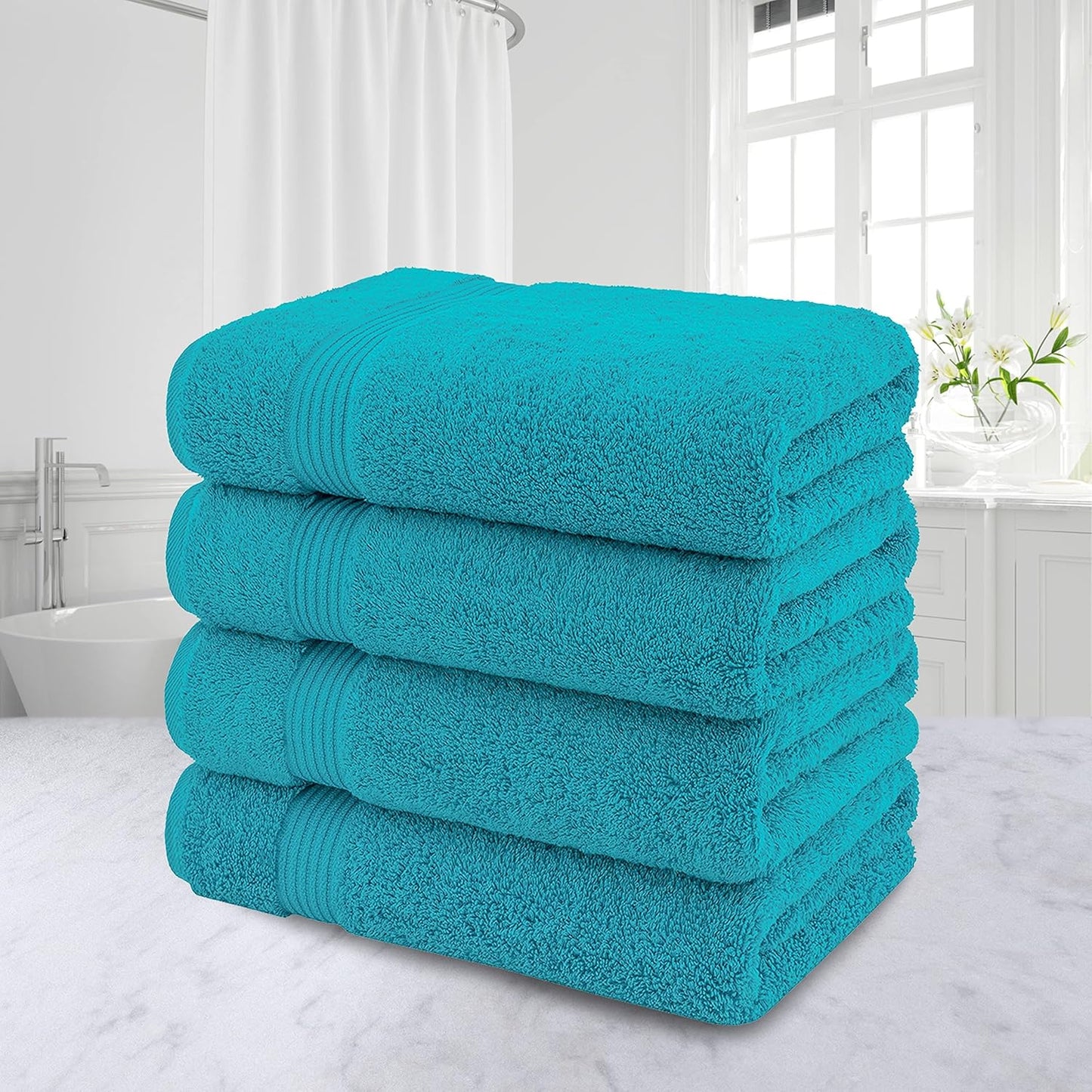 American Veteran Towel, 100% Cotton Turkish Bath Towels for Bathroom 4 Pack, 27x54 Extra Large Premium Soft Drying Bathroom Towels, Aqua Blue