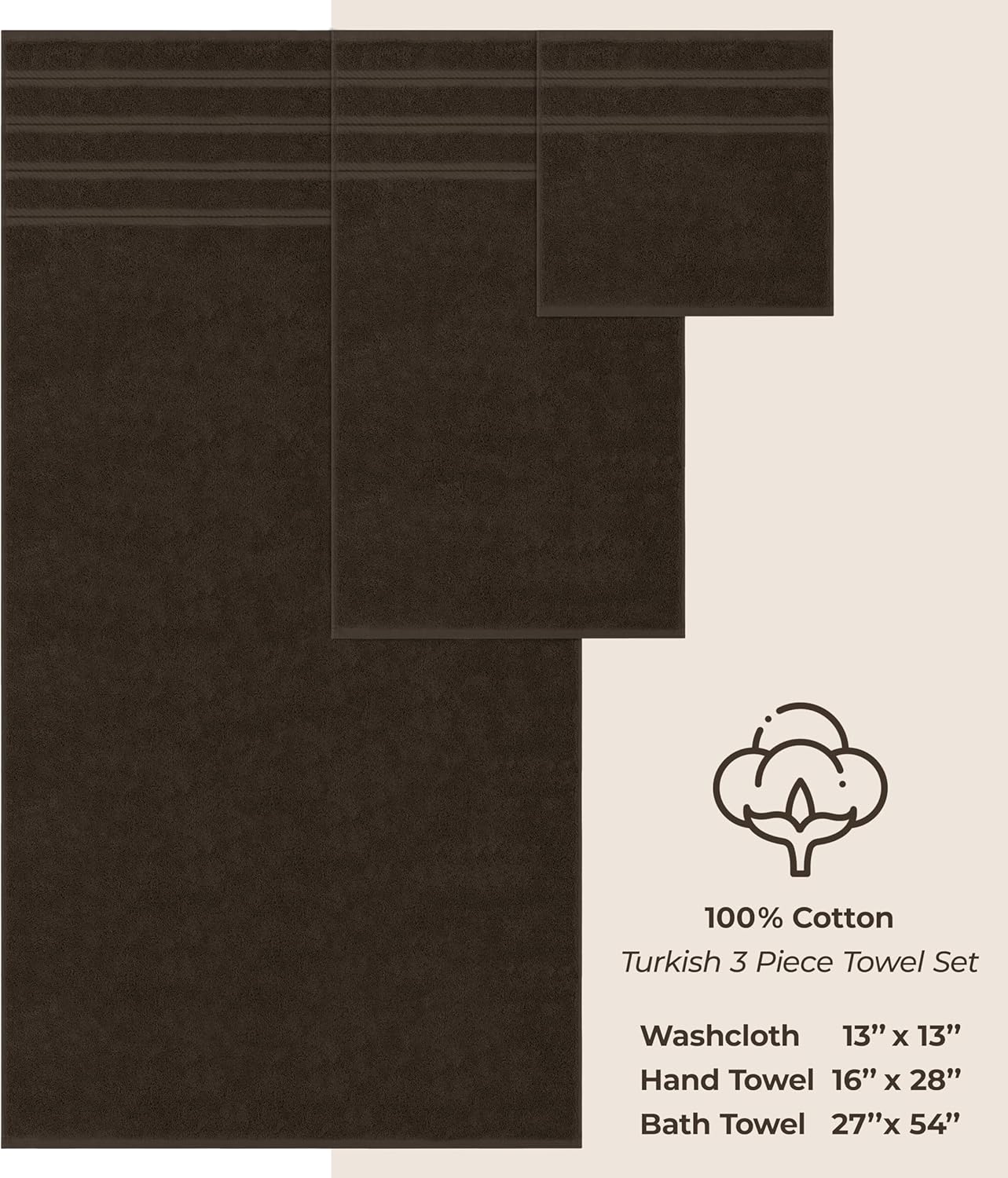 American Soft Linen Premium 3 Piece Towel Set, 1 Bath Towel 1 Hand Towel 1 Washcloth, 600 GSM 100% Cotton Turkish Towels for Bathroom, Brown Towel Set