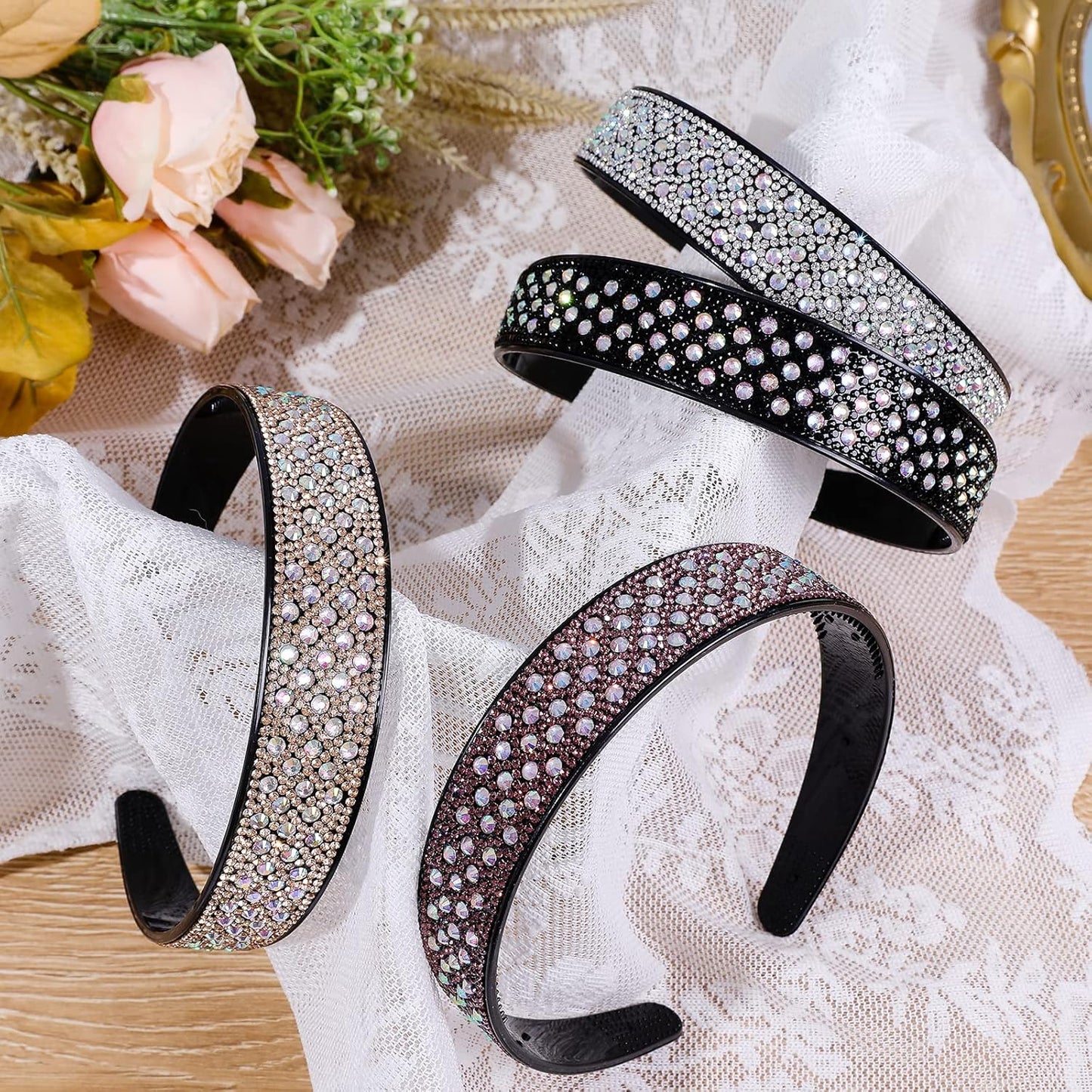 Rhinestone Headbands for Women Crystal Sparkly Headband Fashion Teeth Comb Hairbands Non Slip Hair Hoop Bling Hair Accessories for Girls Ladies with 4PCS
