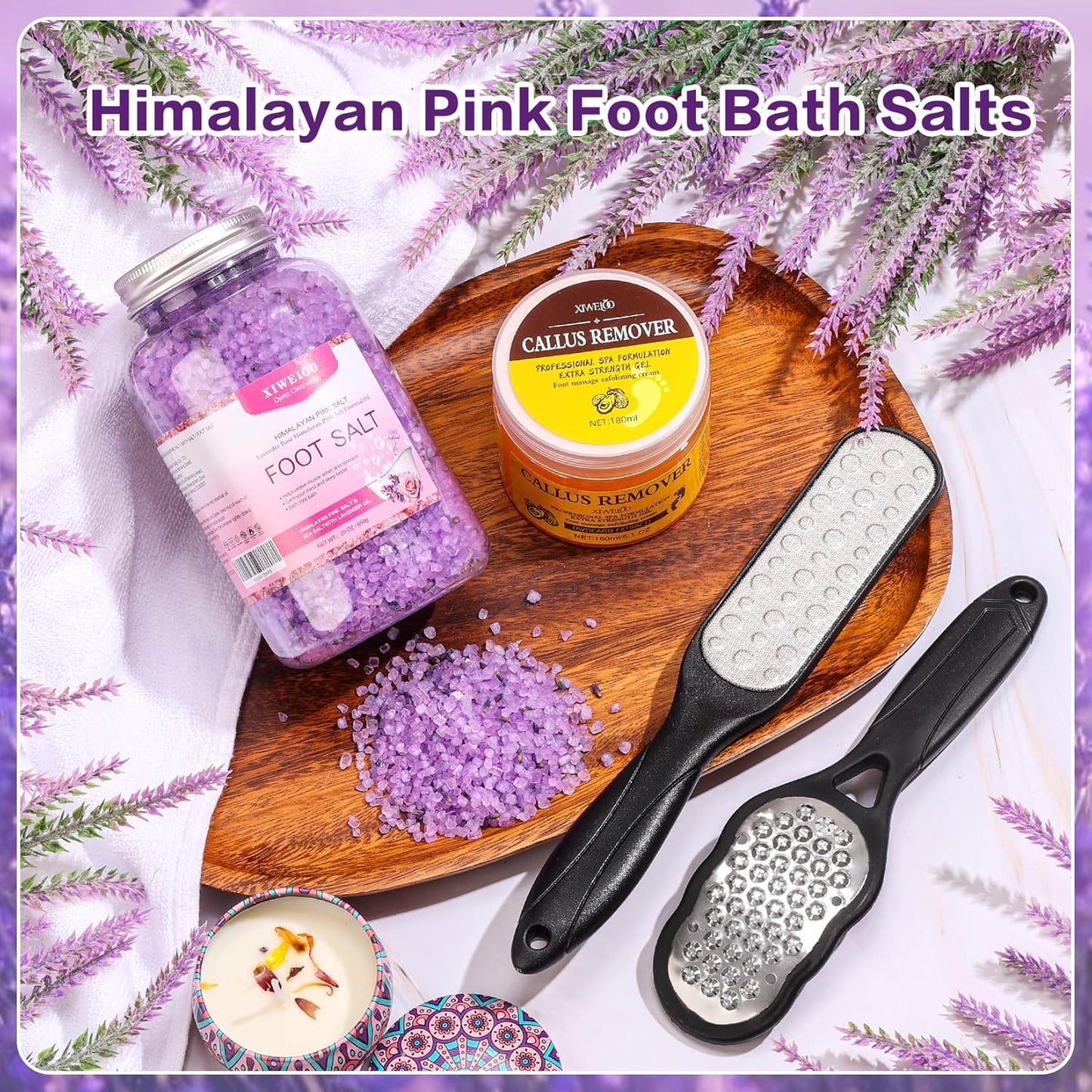 Pack of 4 lavender Himalayan Pink FOOT SOAK SALT Kit Tea Tree OiFoot Callus Remover Gel Kit Foot Files Set Moisturize, Foot Odor cream spa massager Epsom Salt pedicure at home spa