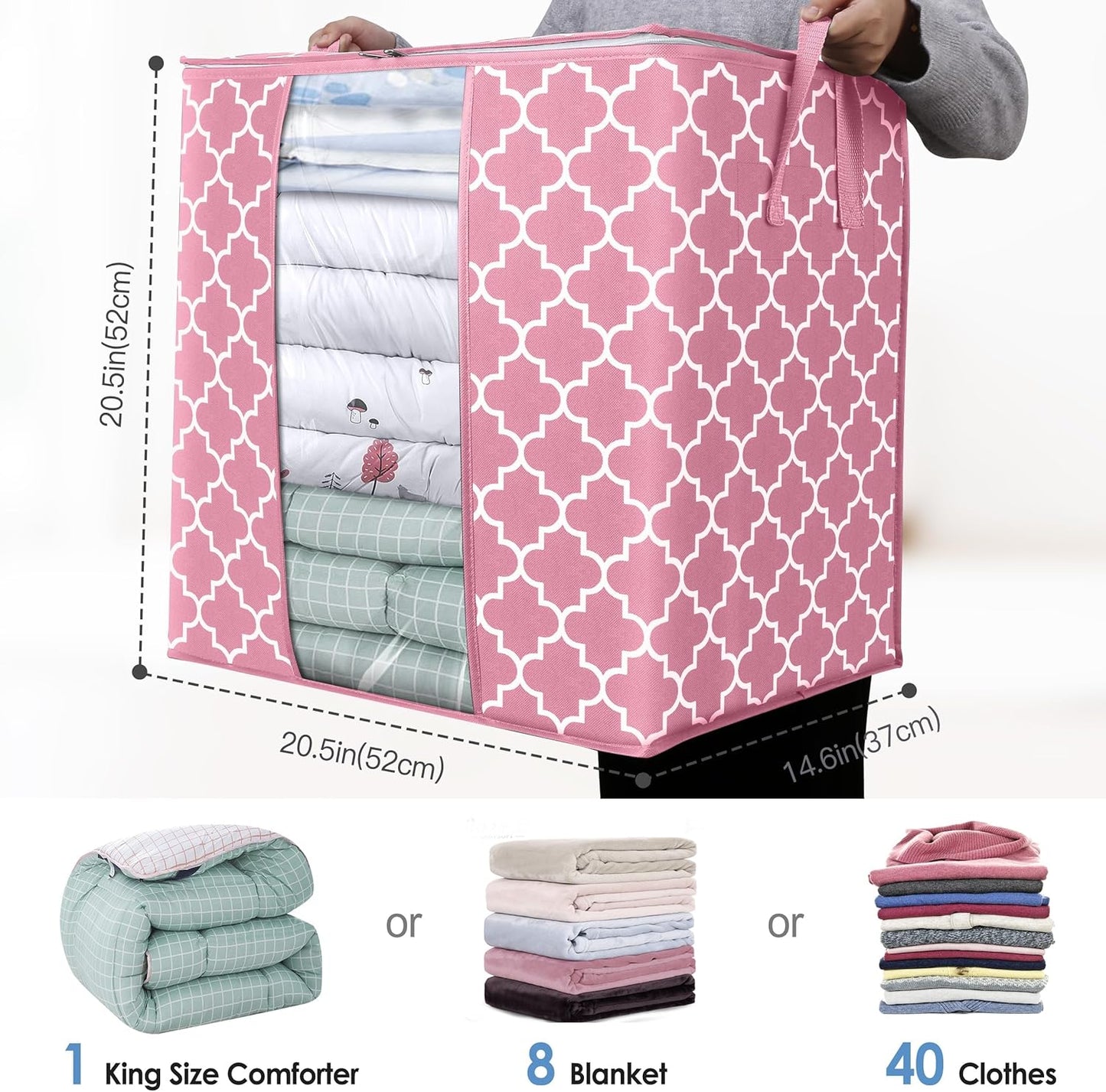 WISELIFE Storage Bags 6 Pack/100L Large Blanket Clothes Organization and Storage Containers for Comforters,Bedding, Foldable Organizer with Reinforced Handle, Clear Window, Sturdy Zippers,Pink