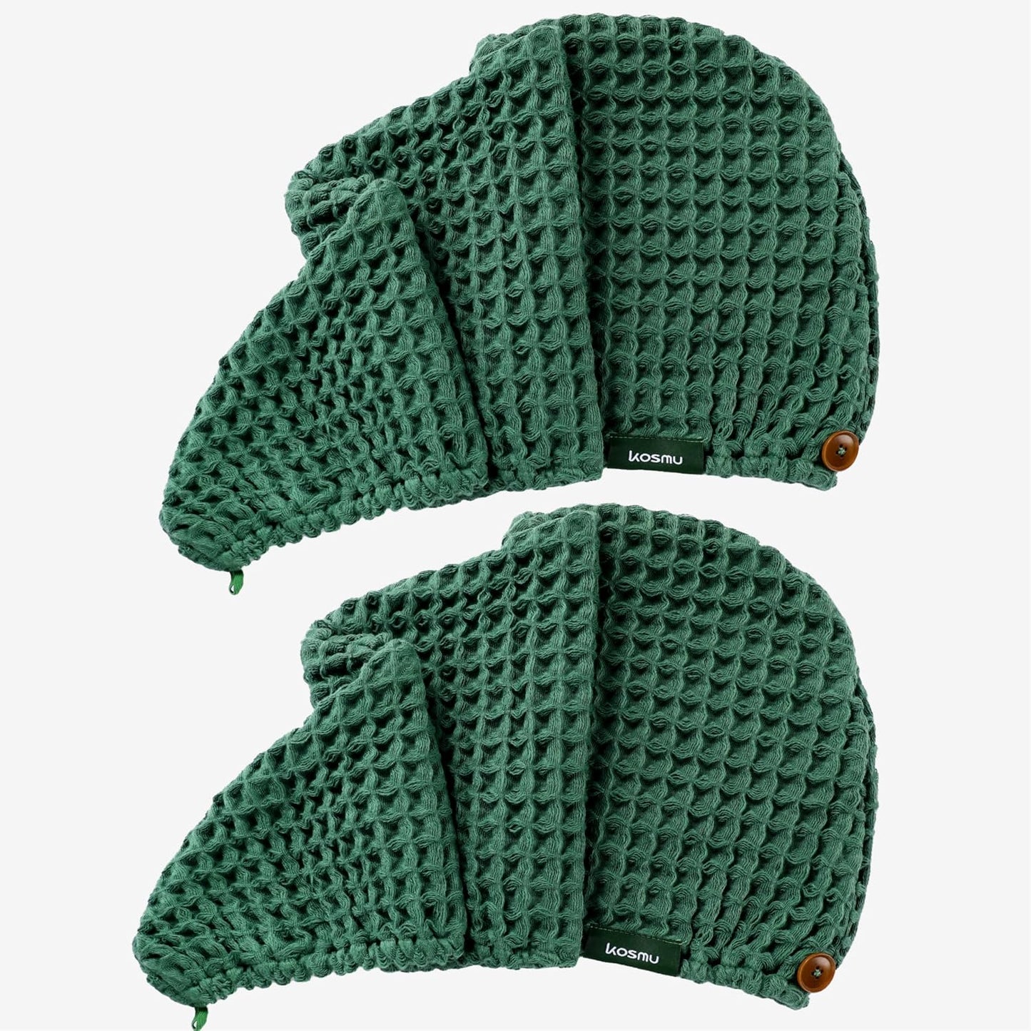 Hair Towel | 100% Cotton Silk Hair-Drying Waffle Wrap Turban for Women, Ultra-Absorbent, Anti Frizz, Hair Damage Protection for Straight and Curly Hair (Forest Green, 2 Pack)