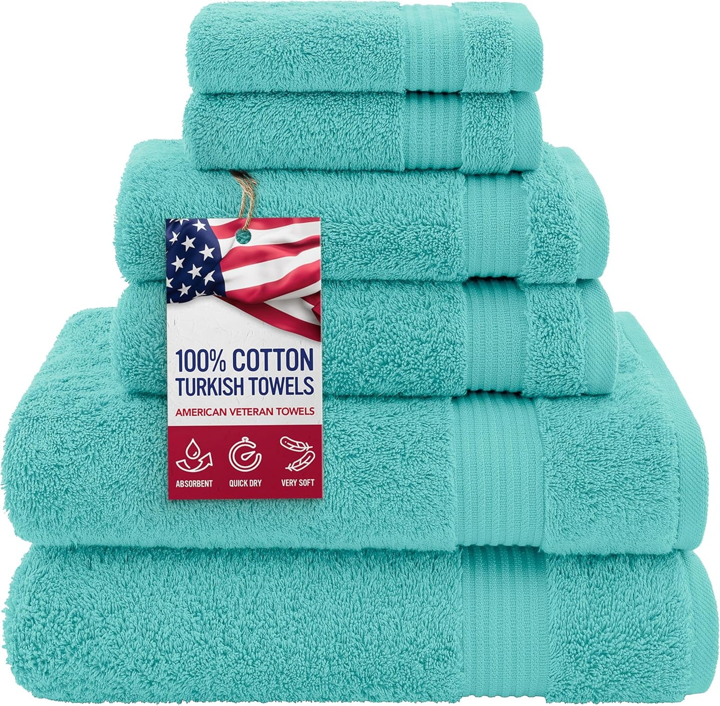 American Veteran Towel 100% Cotton Turkish 6 Piece Towel Set, Luxury Bath Towels Set of 6 for Bathroom Essentials, 2 Bath Towels 2 Hand Towels 2 Washcloths, Turquoise Blue