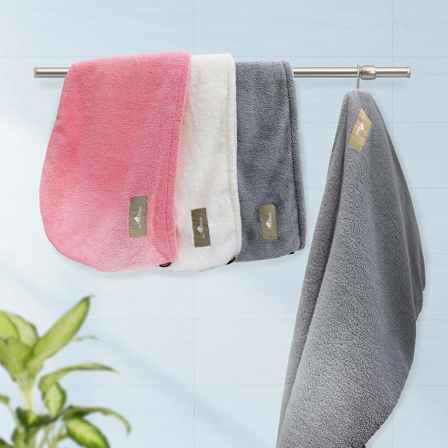 myHomeBody Hair Towel Wrap, Luxury Quick Drying Turban, Ultra Soft Absorbent Cap, with Coconut Shell Button – Light Gray, Pink, White, 3 Pack