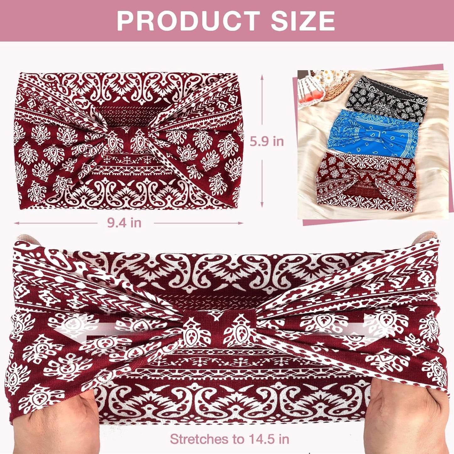 Wide Headbands for Women Knotted No Slip Head Bands Soft Turban Headband Hair Accessories Boho African Solid Color Head Wraps for Women Yoga Workout Pack of 6