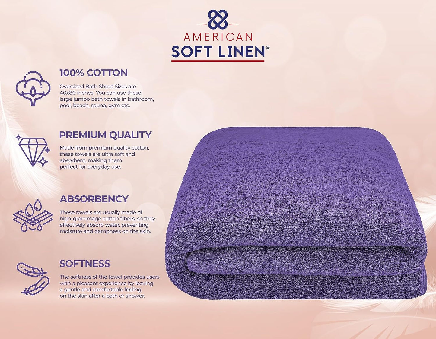 American Soft Linen Oversized Bath Sheet 40x80 Extra Large for Bathroom, 600 GSM 100% Cotton Turkish Jumbo Bathsheet Towels for Adults, Purple Bath Sheet