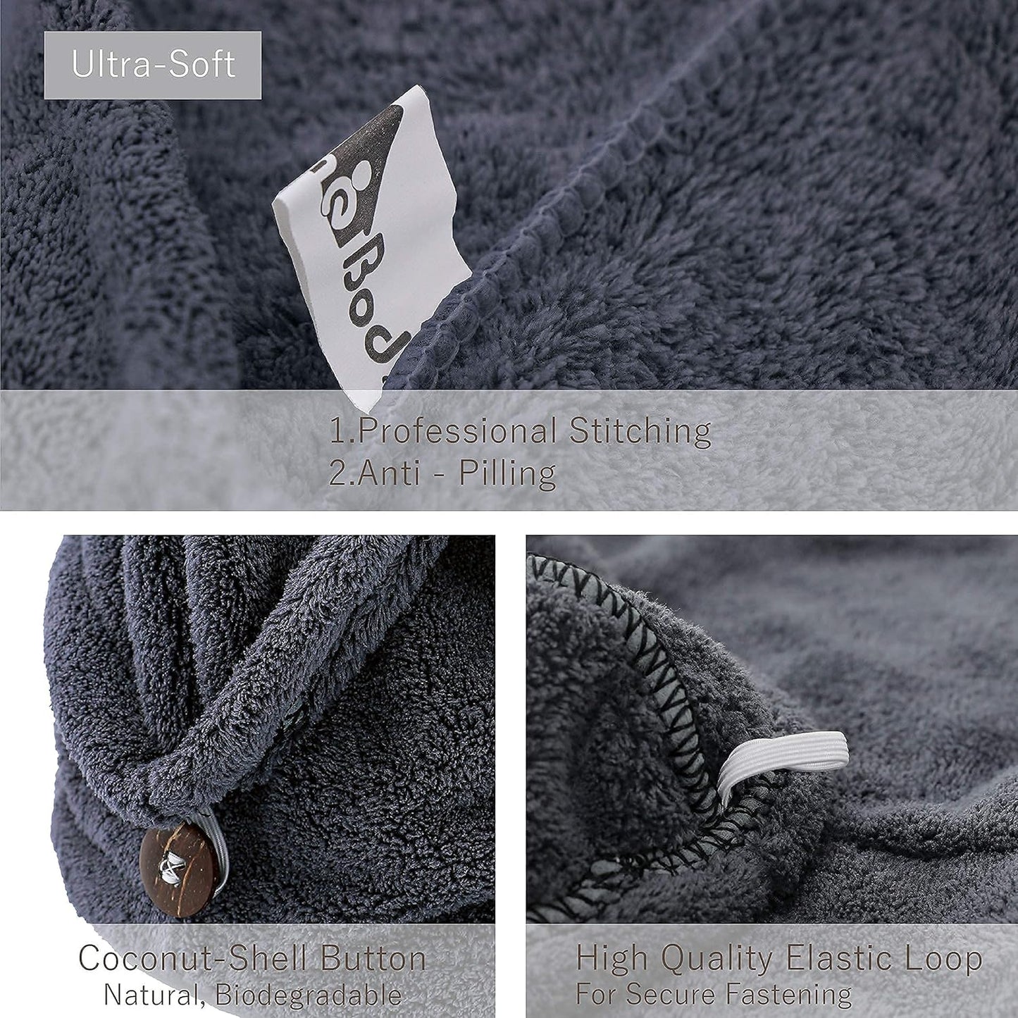 myHomeBody Hair Towel Wrap, Luxury Quick Drying Turban, Ultra Soft Absorbent Charcoal Fiber Cap, with Coconut Shell Button – Midnight Blue