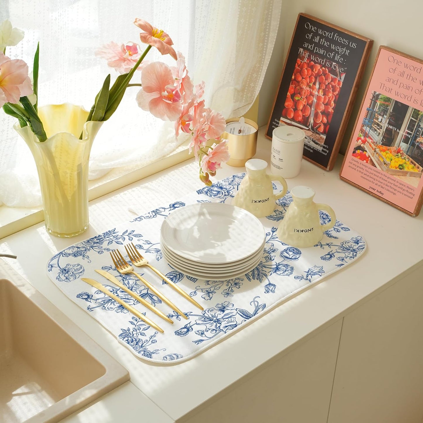 Blue Floral Dish Drying Mat for Kitchen Counter, 18x24 Inch Chinoiserie Flower Absorbent Dish Drying Pad Heat Resistant Mat Coffee Bar Mat Dish Drainer Rack Mat