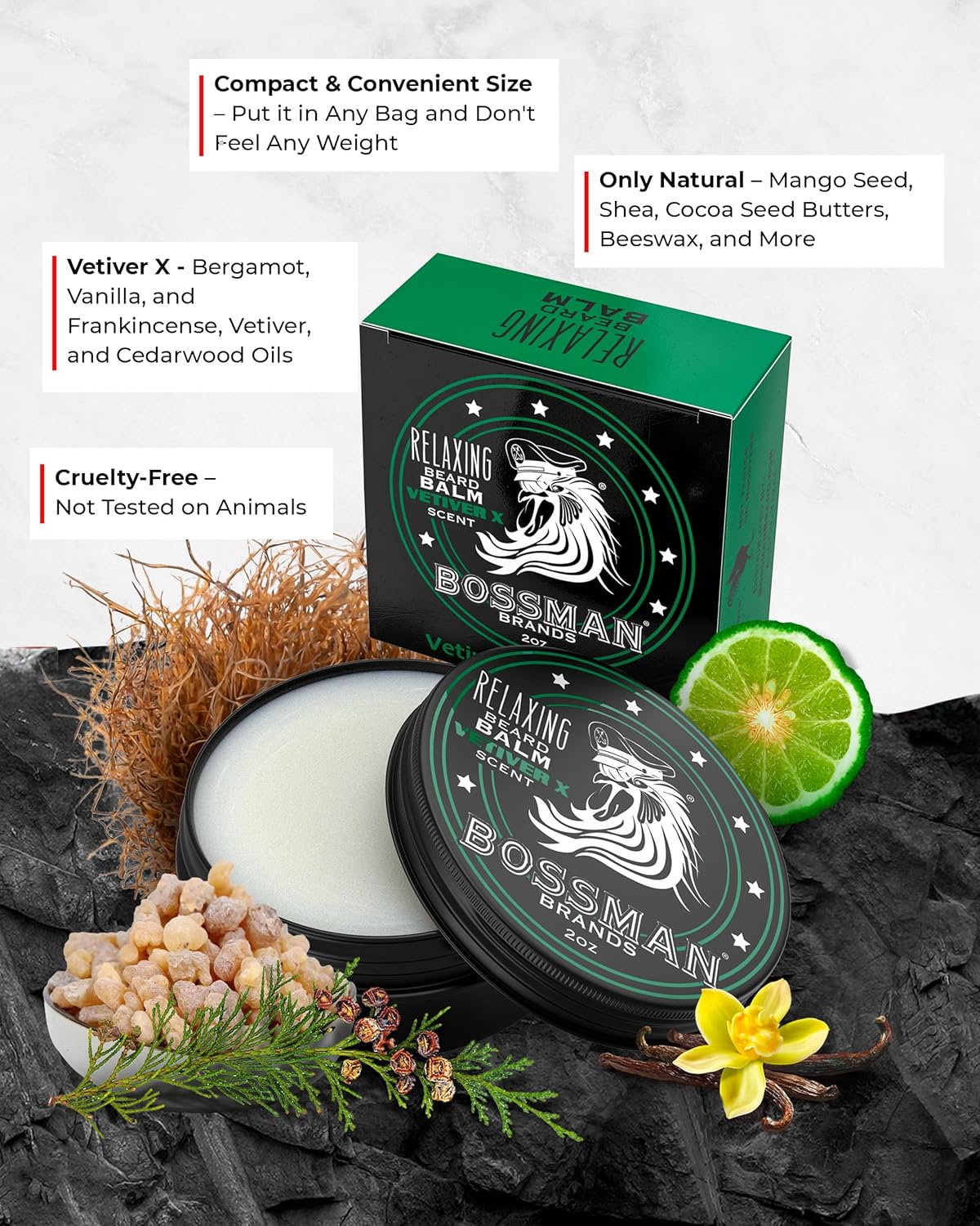 Bossman Relaxing Beard Balm - Tamer, Thickener, Relaxer and Softener Cream and Beard Care Product - Made in USA (Vetiver X Scent)