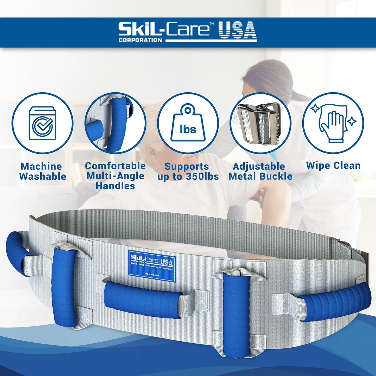 Skil-Care Half-Size Bed Rail Pads for Elderly and Multi-Grip Gait Belt with Handles, Safety Bed Covers and Transfer Belt for Seniors, Lift Assist, Mobility Aid, Wipe-Clean Vinyl