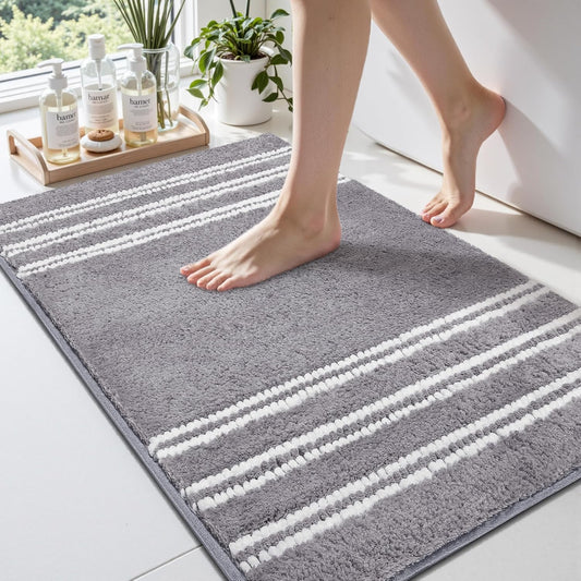 Bathroom Rugs 24x36 Extra Soft Absorbent Bath Mat Chenille Non Slip Shower Mat Rubber Backing Machine Washable Bath Mats for Bathroom Shaggy Grey Bath Rugs for Tub, Hallway