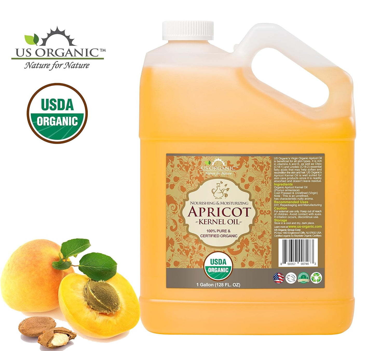 US Organic Apricot Kernel Oil, USDA Certified Organic,100% Pure & Natural, Cold Pressed Virgin, Unrefined, Size for DIY and small manufacturers (128 oz (1 Gallon))