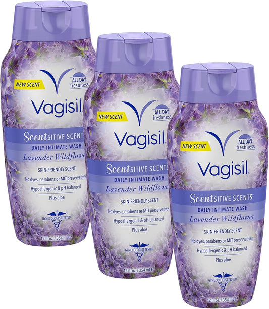 Vagisil Feminine Wash for Intimate Area Hygiene, Scentsitive Scents, pH Balanced and Gynecologist Tested, Spring Lilac, 12 oz (Pack of 3)