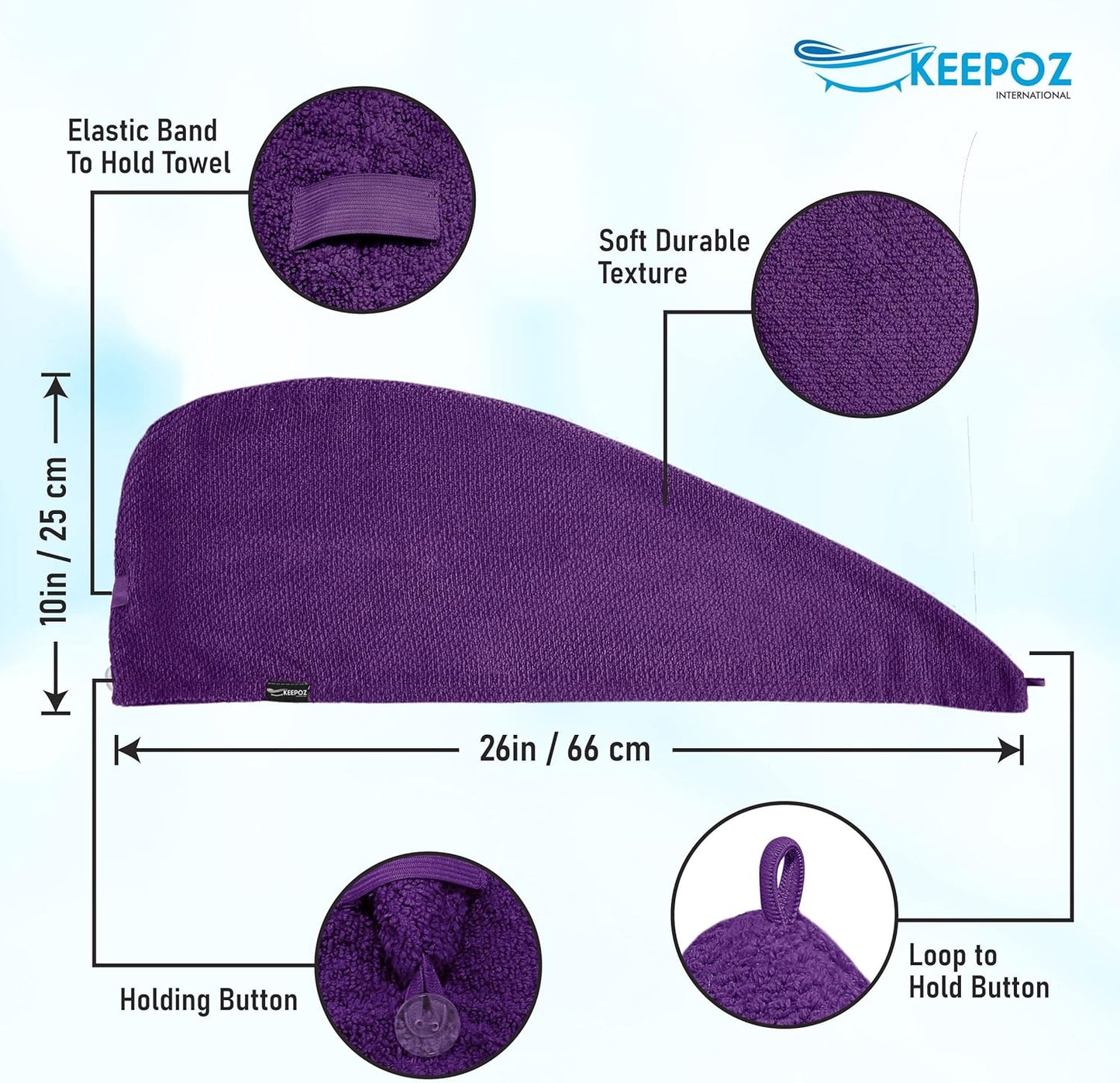 KEEPOZ Hair Towel Wrap Quick Dry 100% Cotton Super Absorbent Turban Head Wrap for Women with Button, Non Microfiber Anti Frizz Hair Products, Hair Cap for Curly, Long Hair (Purple Check, 2 Pcs)