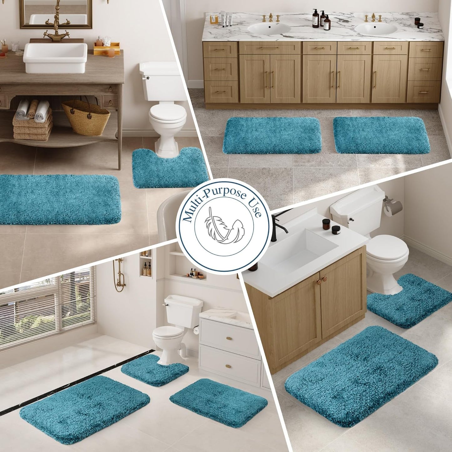 Walensee Non Slip Bath Mat (16 x 24, Teal) - Soft Microfiber Shaggy Mat, Water Absorbent, Machine Washable, Thick Plush for Shower