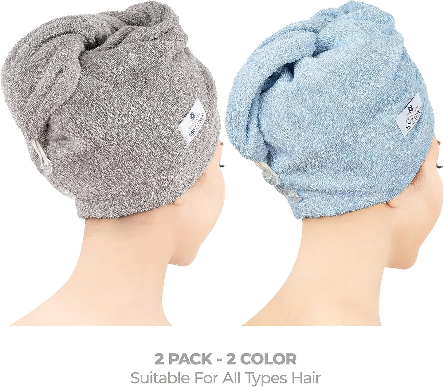 American Soft Linen 100% Cotton Hair Towels for Women, Head Towel Cap, Cotton Hair Turban Towel Wrap, Soft and Absorbent 2 Pack, Light Gray-Sky Blue