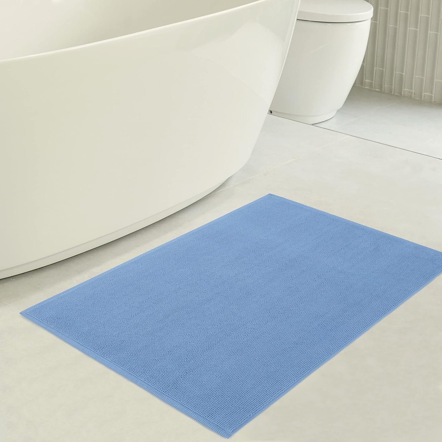 American Soft Linen Bath Rug, 17 in 24 in 100% Cotton Bath Mats Rugs for Bathroom, Slip Reducer Washable Shaggy Form Area Rugs, Sky Blue Bath Rug