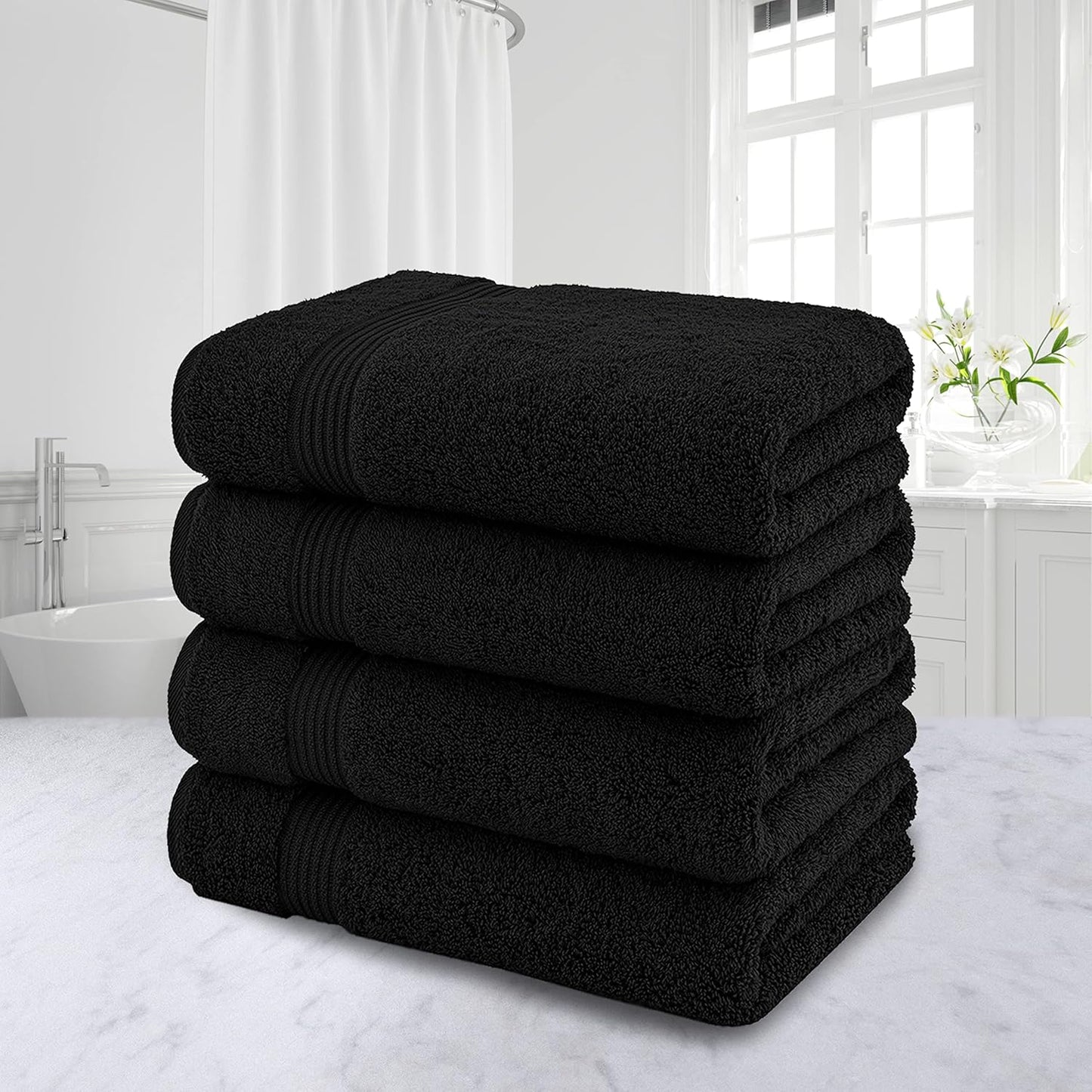 American Veteran Towel, 100% Cotton Turkish Bath Towels for Bathroom 4 Pack, 27x54 Extra Large Premium Soft Drying Bathroom Towels, Black