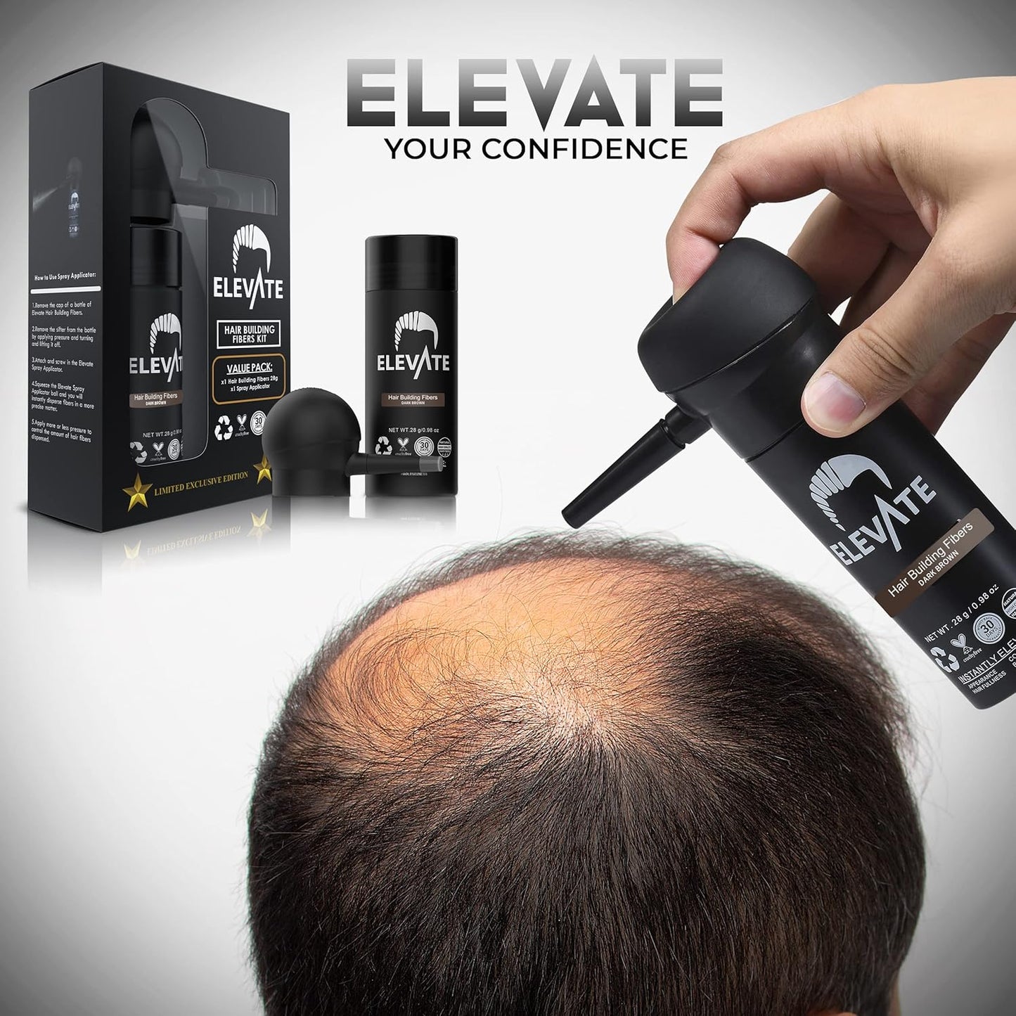 ELEVATE Hair Perfecting 2-in-1 Kit | Set Includes Natural Hair Thickening Fibers & Spray Applicator Pump Nozzle | Instantly Conceal & Thicken Thinning Balding Areas in Seconds Men & Women (Dark Brown)