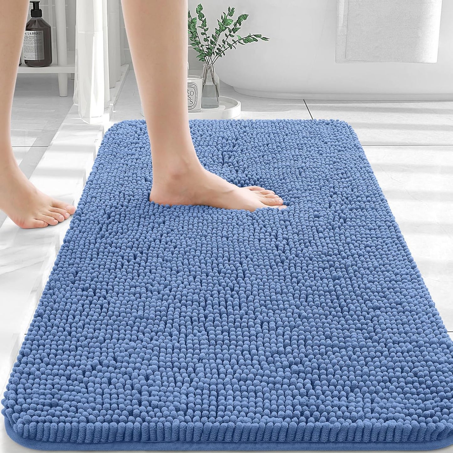 OLANLY Bathroom Rugs 36x24, Extra Soft Absorbent Chenille Bath Rugs, Rubber Backing Quick Dry, Machine Washable Bath Mats for Bathroom Floor, Tub and Shower, Home Decor Accessories, Cornflower Blue