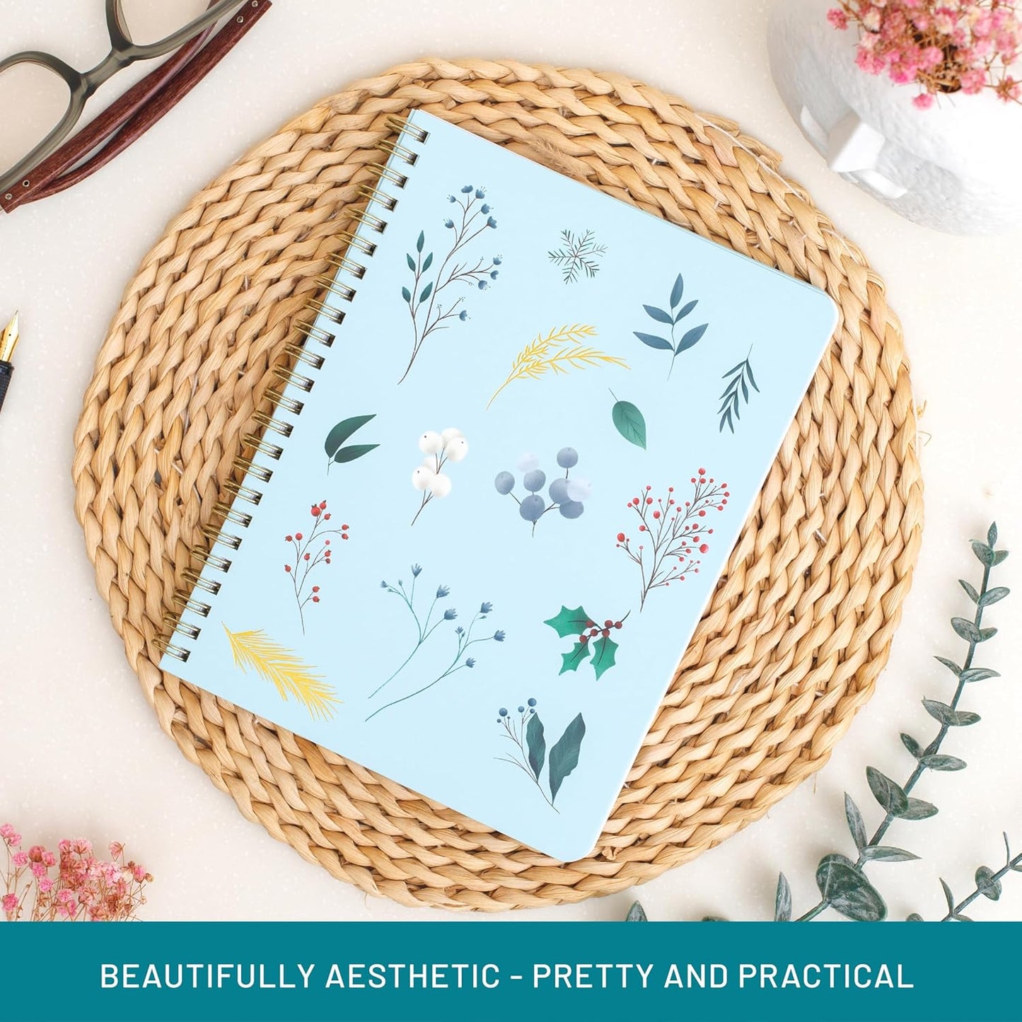 Happy Hoos® Aesthetic Spiral Notebook - 6.25" x 8.25" College Ruled Journal Notebook - Hard Cover Writing Journal for Work, School, Travel, More - Floral Notebook 8 Seasonal Designs (Frost & Flora)