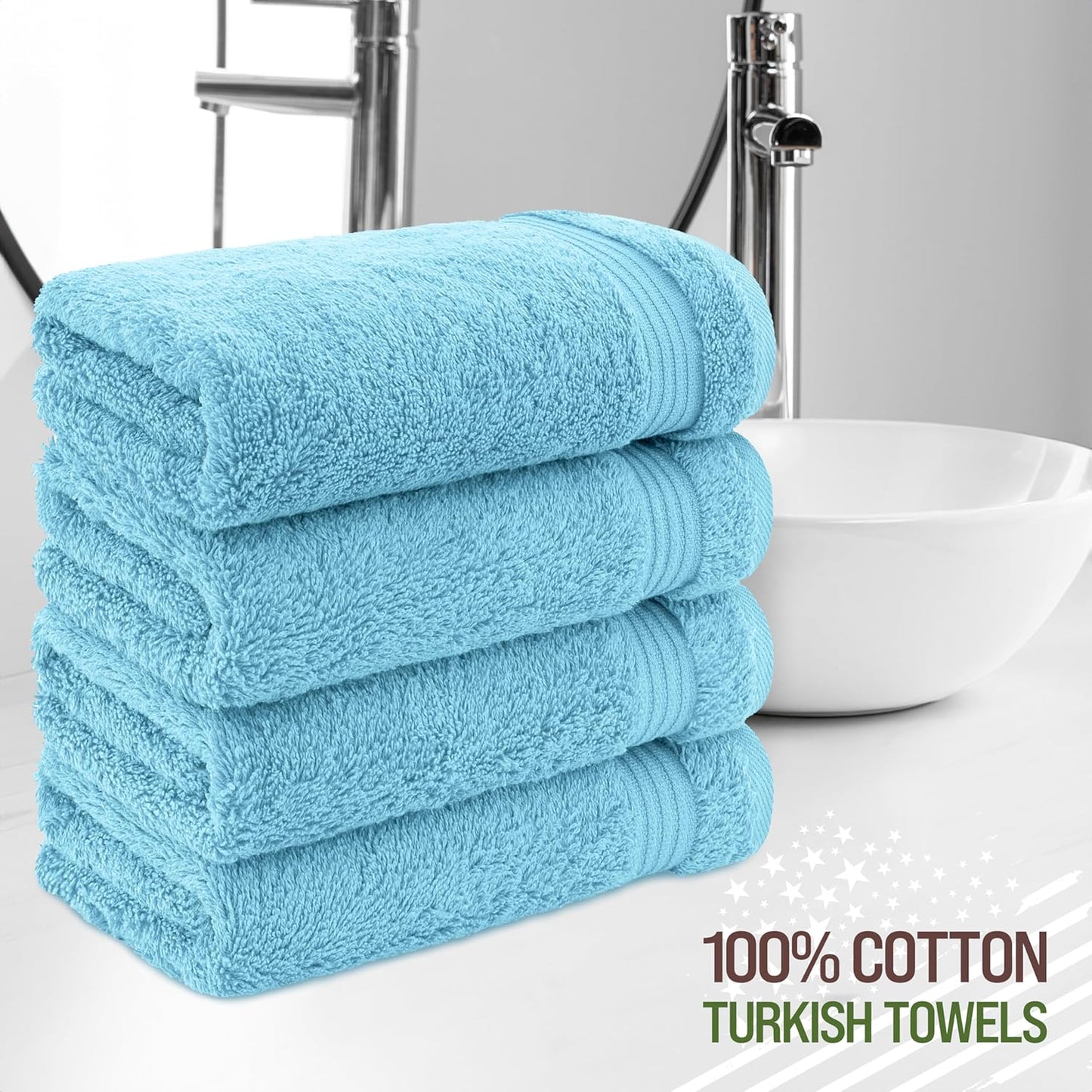 American Veteran Towel, Hand Towels for Bathroom Set of 4, 100% Cotton Turkish Hand Towel Sets, Soft Hand Face Towels, Sky Blue Hand Towels