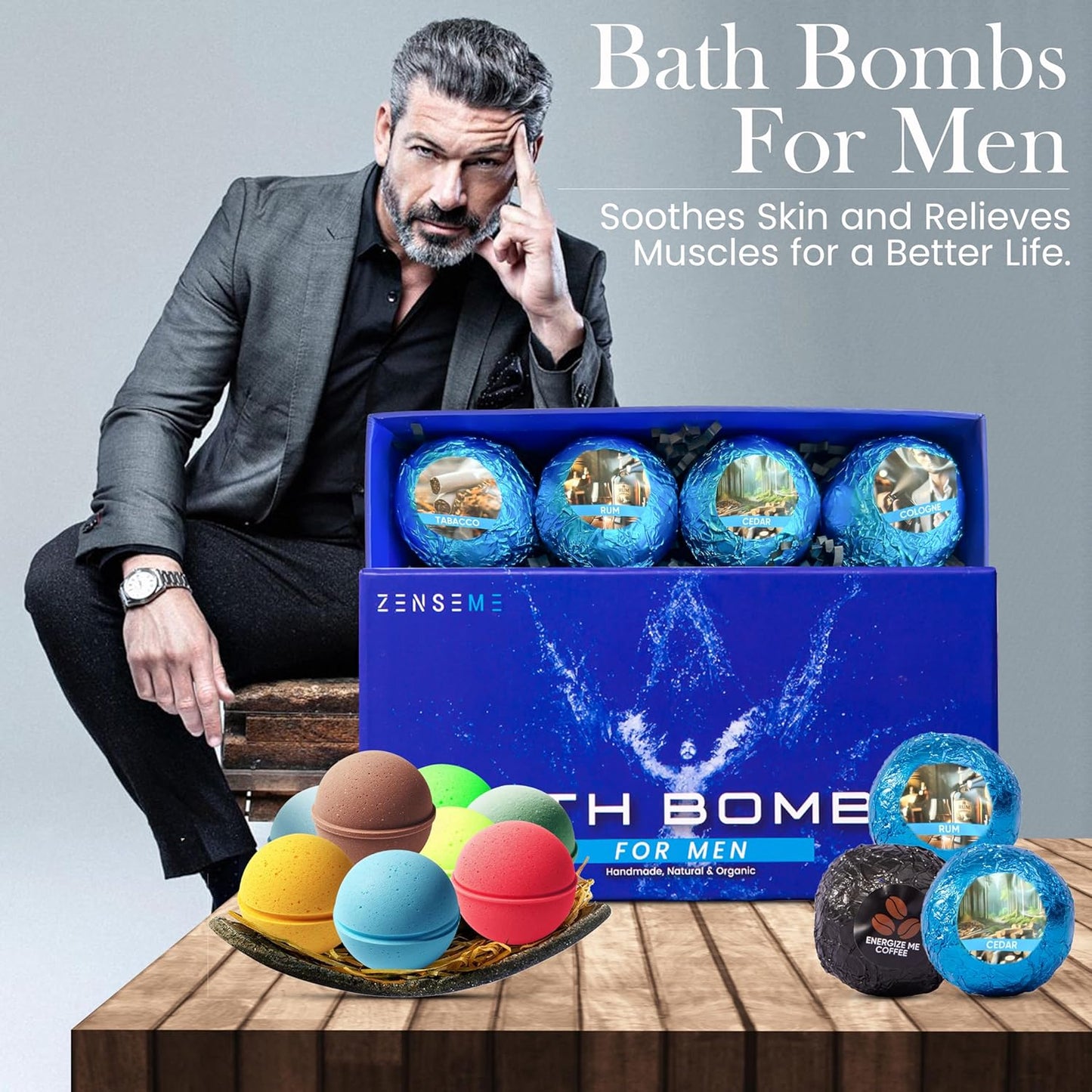 Bath Bombs for Men - Mens Relaxing Bath Bombs Gift Set - Organic with Masculine Scents for Him - 2.5 Oz Each - Gift Set of 8 Scented with Natural Essential Oils for Boyfriend, Husband or Father