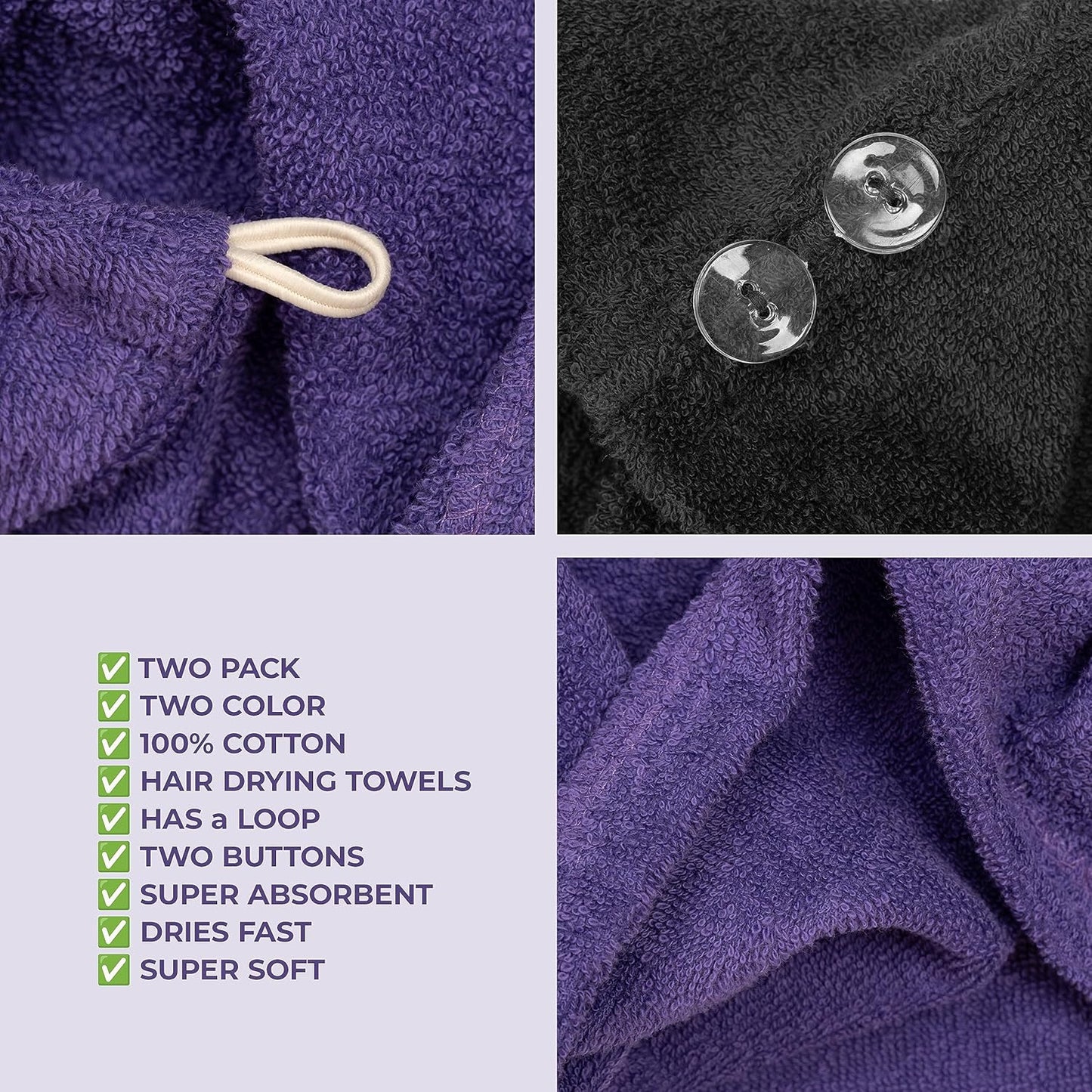American Soft Linen 100% Cotton Hair Towels for Women, Head Towel Cap, Cotton Hair Turban Towel Wrap for Long Curly Anti Frizz Hair, Soft and Absorbent Cotton Hair Towels 2 Pack, Purple-Black