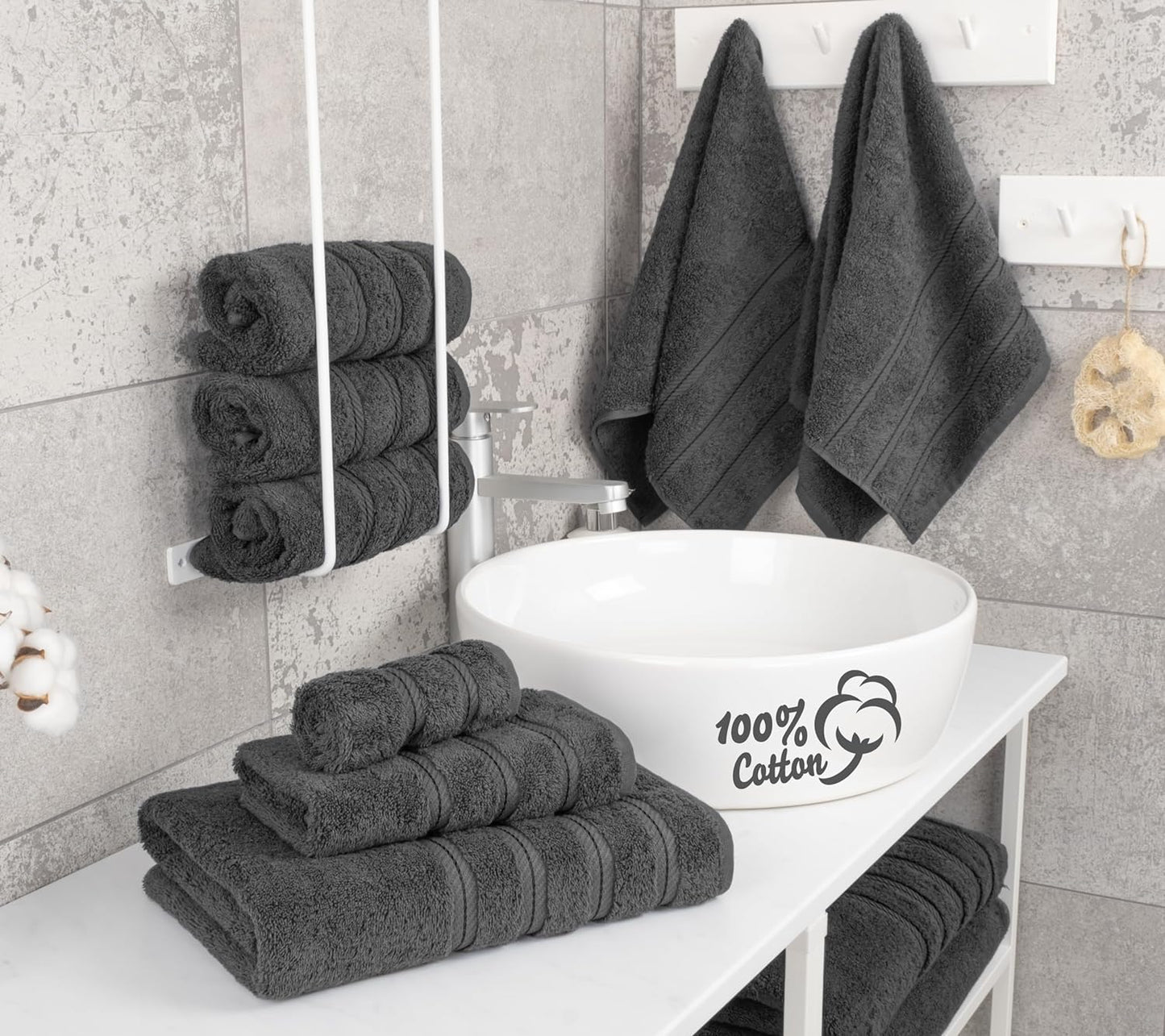 American Soft Linen Luxury 6 Piece Towel Set, 2 Bath Towels 2 Hand Towel 2 Washcloths, 600 GSM 100% Cotton Turkish Towels for Bathroom, Dark Gray Towel Sets