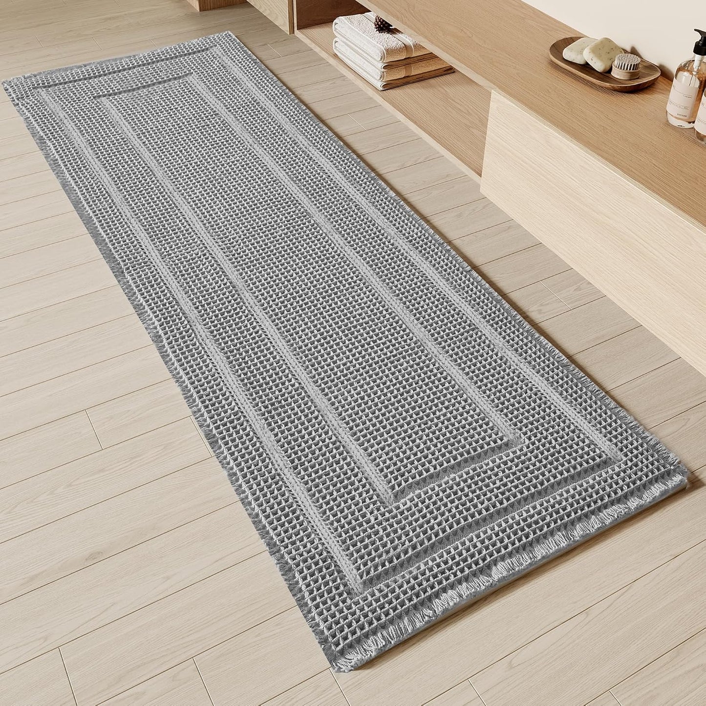 Bathroom Runner Rug Super Absorbent Non Slip Long Bath Mat Machine Washable Boho Bathroom Rugs Quick Dry Rug Runners for Hallway Bedroom Laundry Room,Grey, 2'x 6'(24" x 72")