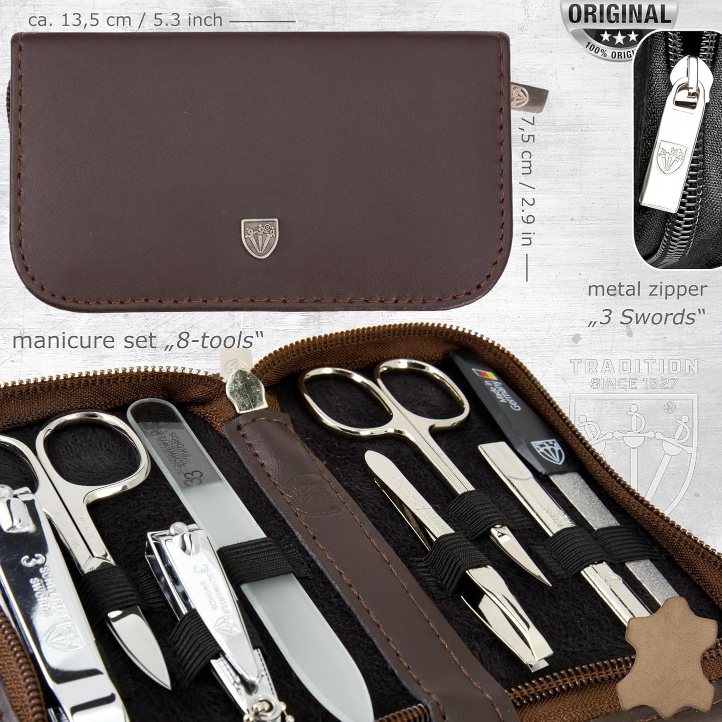 3 Swords Germany - brand quality 8 piece manicure pedicure grooming kit set for professional finger & toe nail care genuine leather case in gift box, Made in Germany