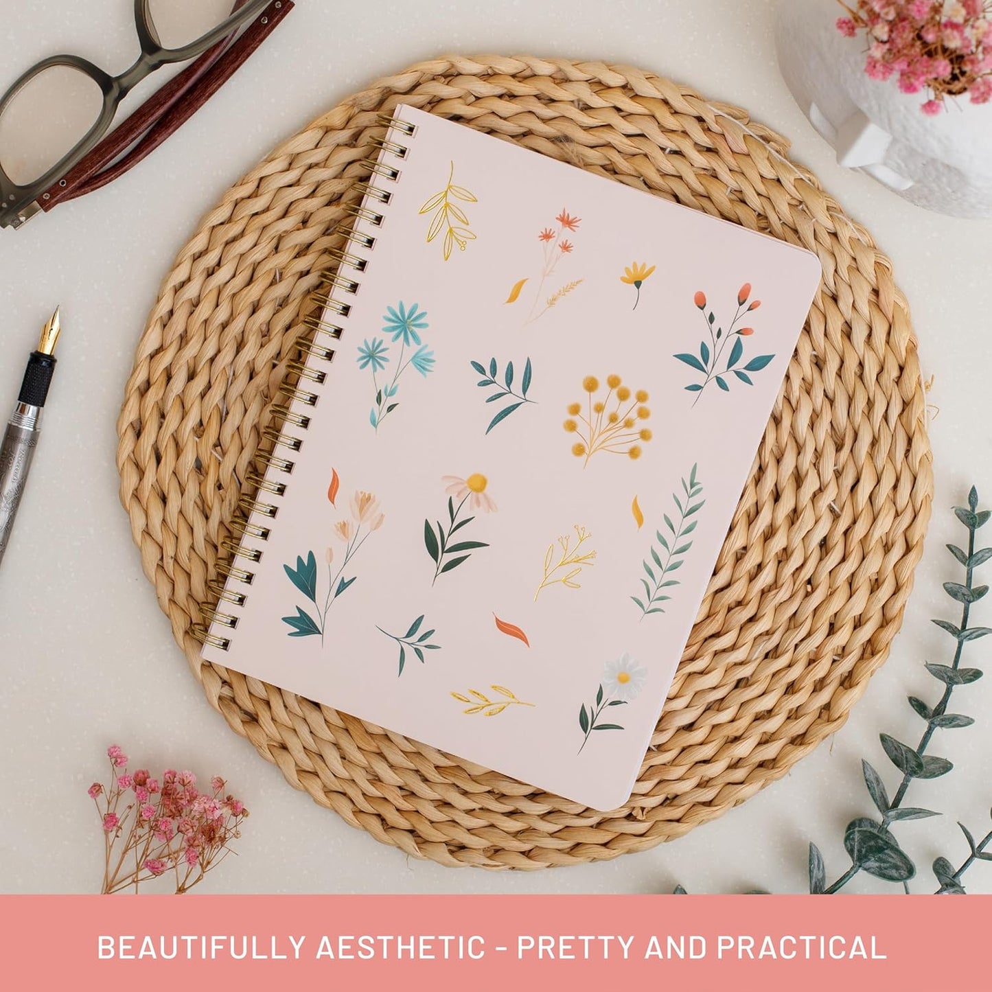 Happy Hoos® Aesthetic Spiral Notebook - 6.25" x 8.25" College Ruled Journal Notebook - Hard Cover Writing Journal for Work, School, Travel, More - Floral Notebook 8 Seasonal Designs(Summer Garden)