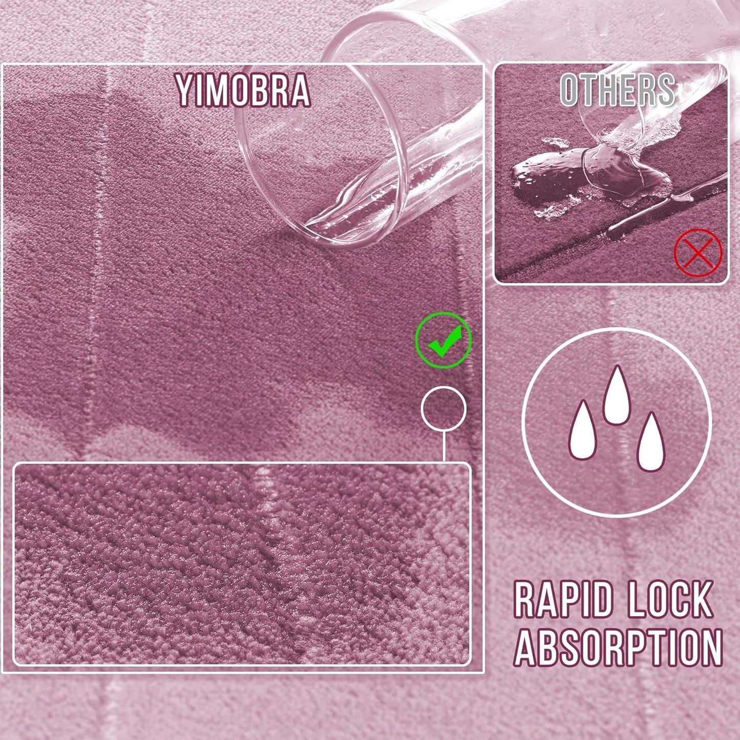 Yimobra Memory Foam Bath Mat, Super Soft Absorbent Bathroom Rug Non Slip 24x17 Inch, Quick Dry, Machine Washable Floor Carpet for Tub Shower, Home Decor Accessories, Mauve