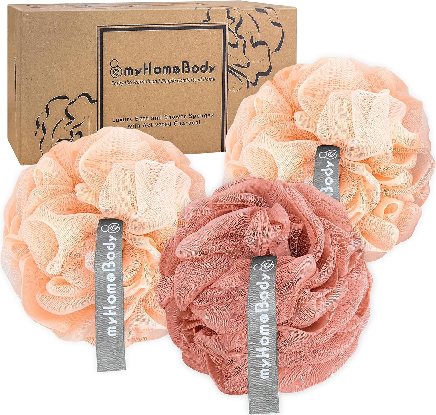 myHomeBody 60g Loofah Sponge, Body Scrubber, Bath Sponge, Loofah for Women, Men, Exfoliating Sponge Shower Pouf with Activated Charcoal - 2 Peach + 1 Coral Red, 3 Pack
