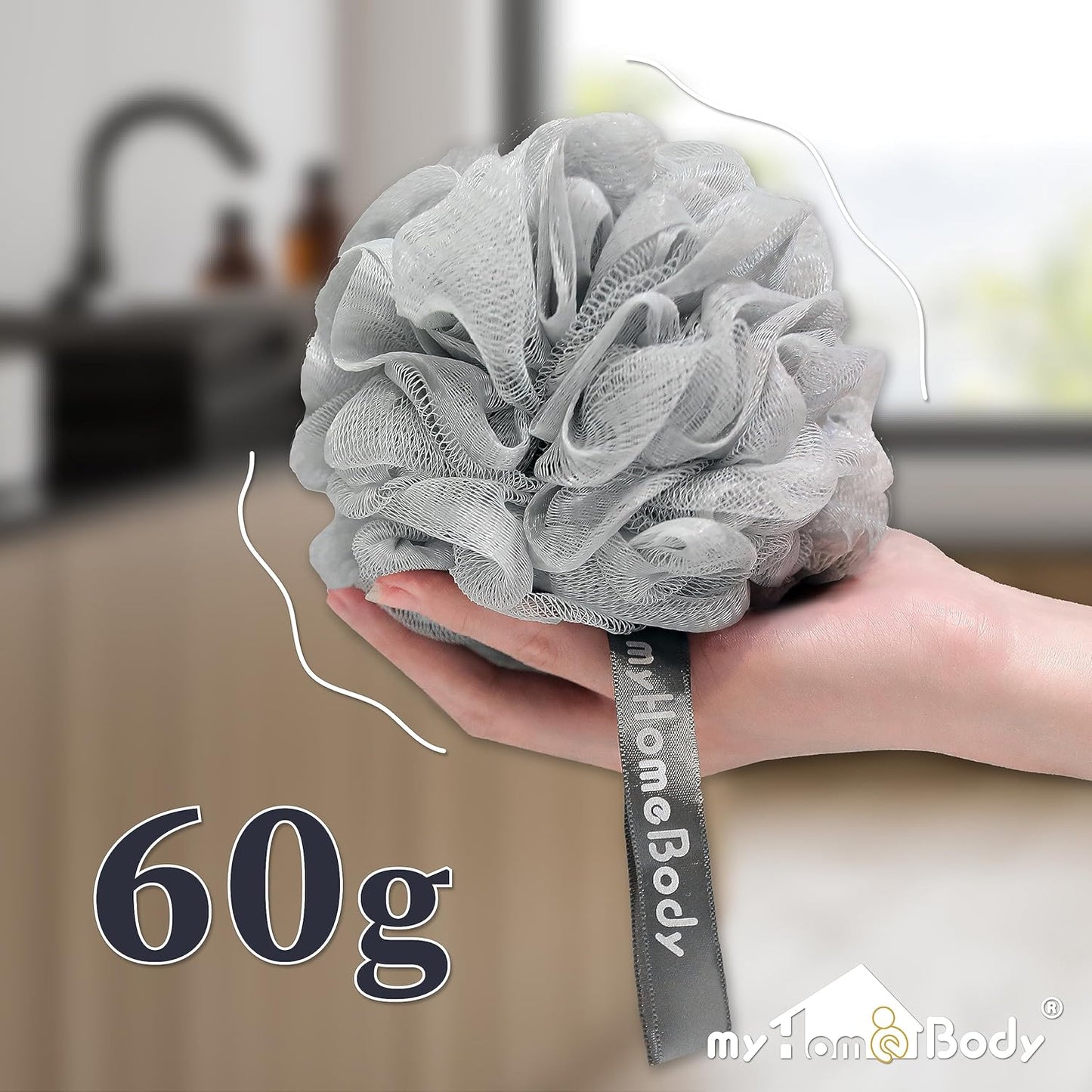 myHomeBody 60g Loofah Sponge, Body Scrubber, Bath Sponge, Loofah for Women, Men, Exfoliating Sponge Shower Pouf with Activated Charcoal - 2 Fog Gray + 1 Midnight Blue, 3 Pack