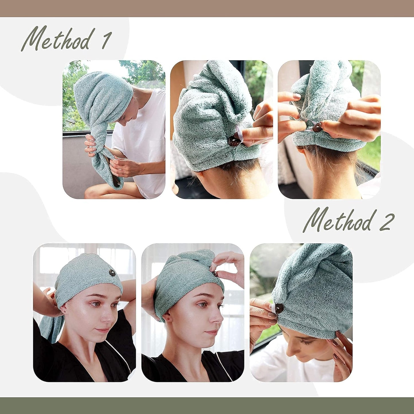 myHomeBody Hair Towel Wrap, Luxury Quick Drying Turban, Ultra Soft Absorbent Charcoal Fiber Cap, with Coconut Shell Button – Pine Green