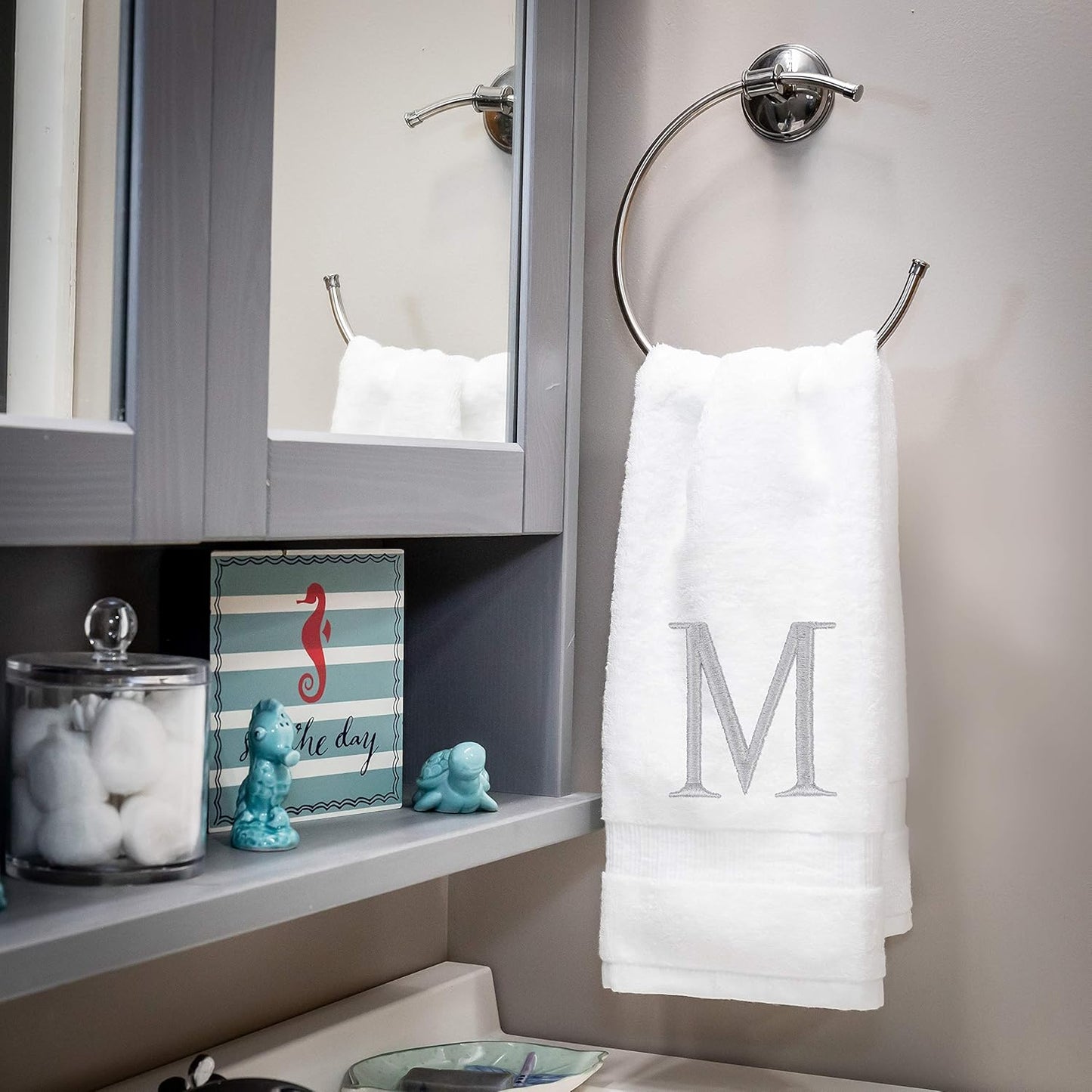 Monogrammed Hand Towels for Bathroom - Luxury Hotel Quality Personalized Initial Decorative Embroidered Bath Towel for Powder Room, Spa - GOTS Organic Certified - Set of 2 Letter M