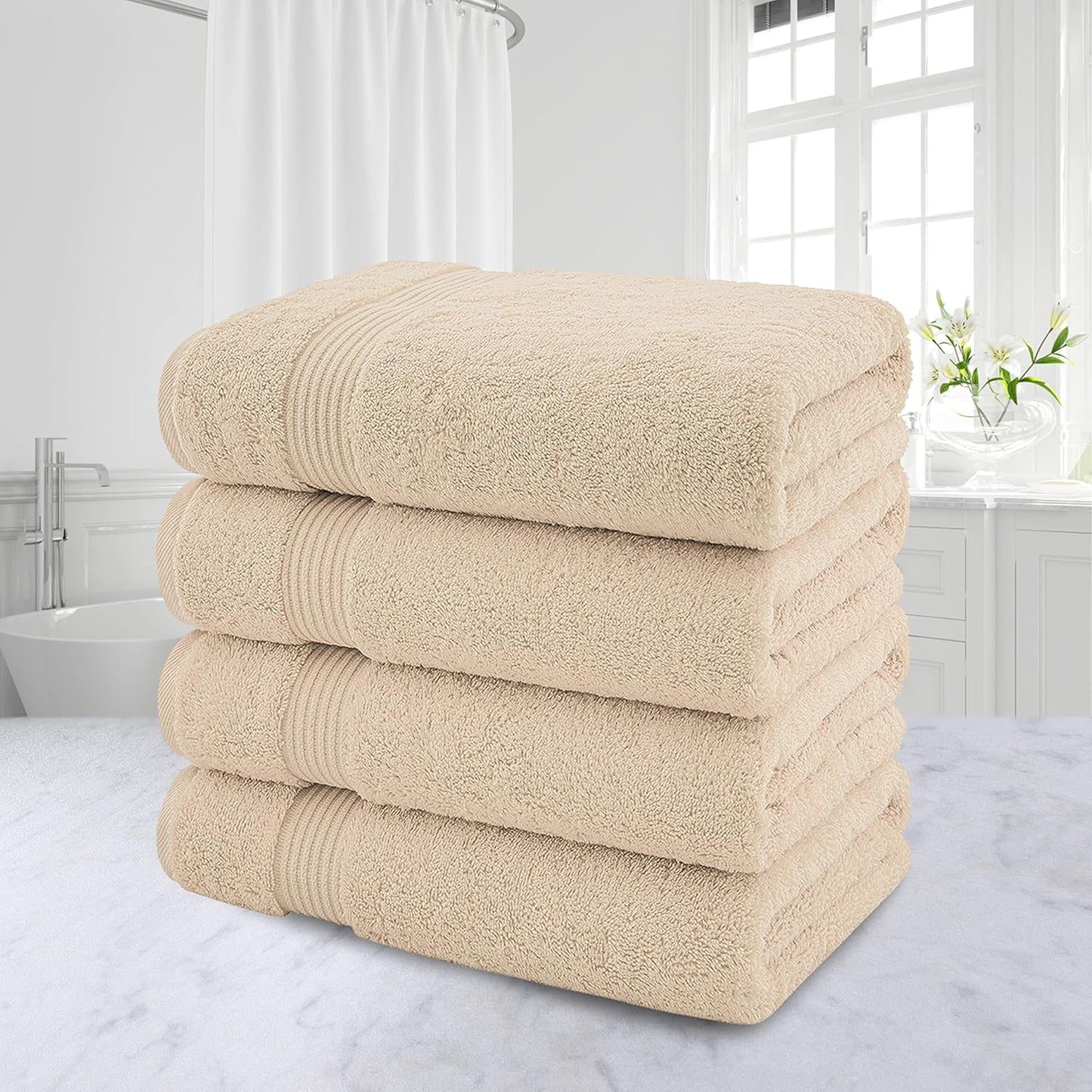 American Veteran Towel, 100% Cotton Turkish Bath Towels for Bathroom 4 Pack, 27x54 Extra Large Premium Soft Drying Bathroom Towels, Beige