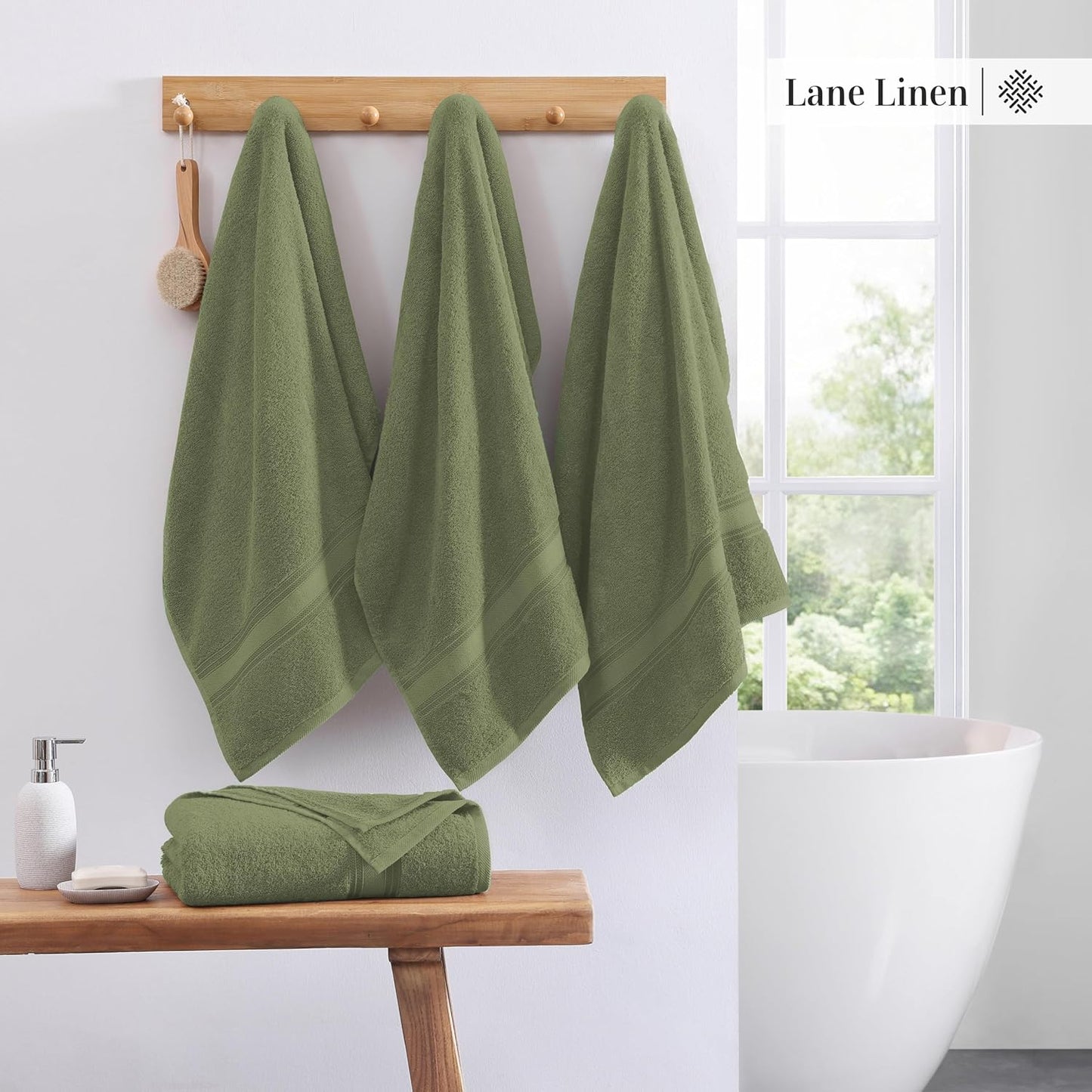 Lane Linen 100% Cotton 4 Pack Bath Towels (30"x60") - Zero Twist, Mercerized Cotton Bathroom Towel Set - Quick Dry, Extra Soft & Absorbent Large Bath Towels - Tumble Dry Regains Fluffiness - Oil Green