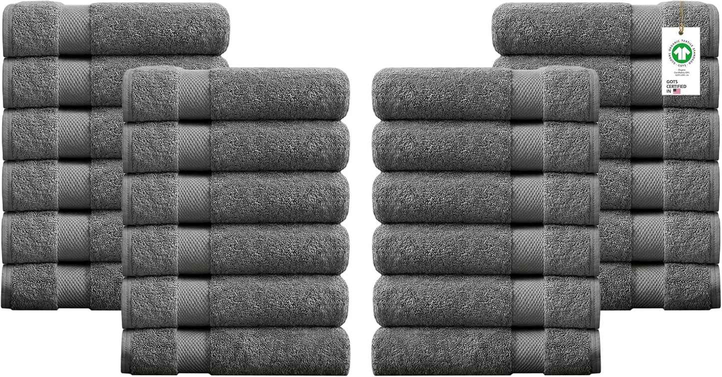 Delara 100% Organic Cotton Towels 650 GSM Plush Feather Touch Quick Dry Wash Cloth, Pack of 24 GOTS Certified, Oeko-Tex Green Certified, Organic Cotton Wash Cloth, 13"X13"