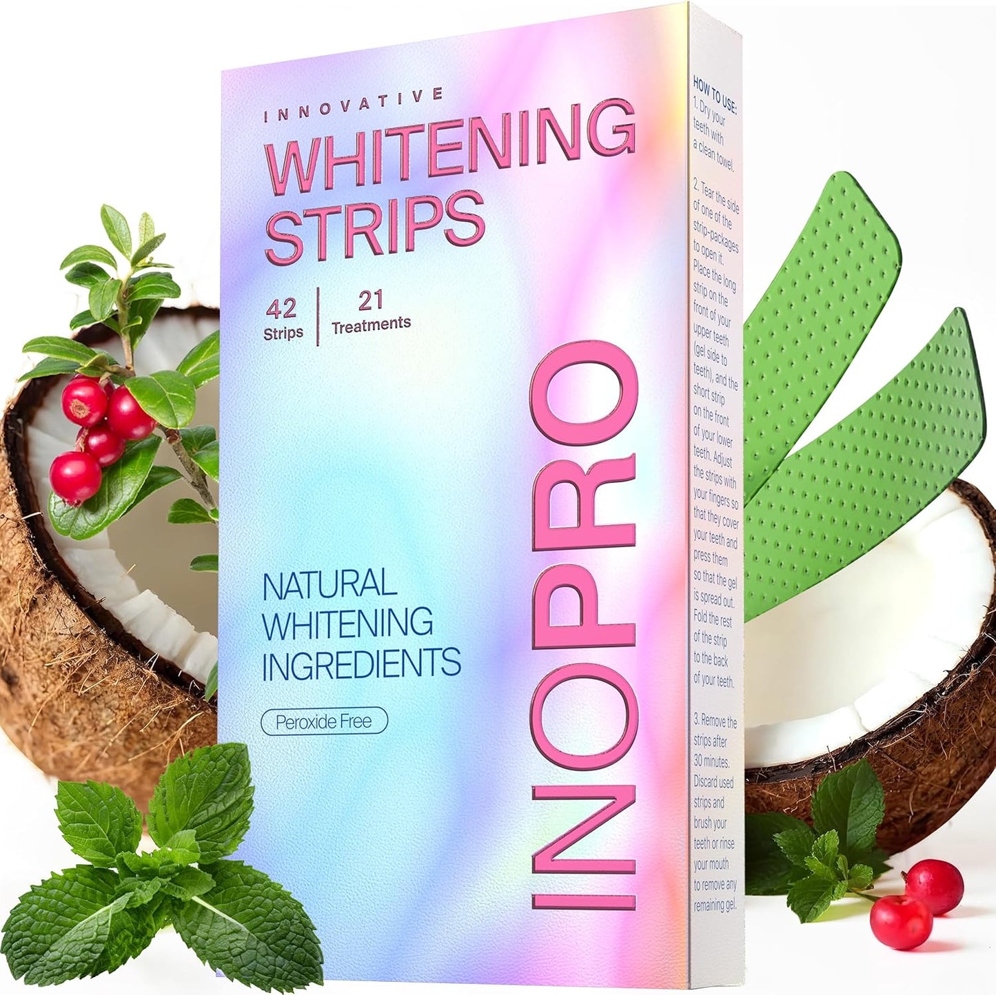 Teeth Whitening Strips 21 Treatments Kit - Teeth Whitener, Peroxide Free, Green White Strips for Teeth Whitening with Arbutin, Coconut Oil, Deep Stains Removal (42 Strips)